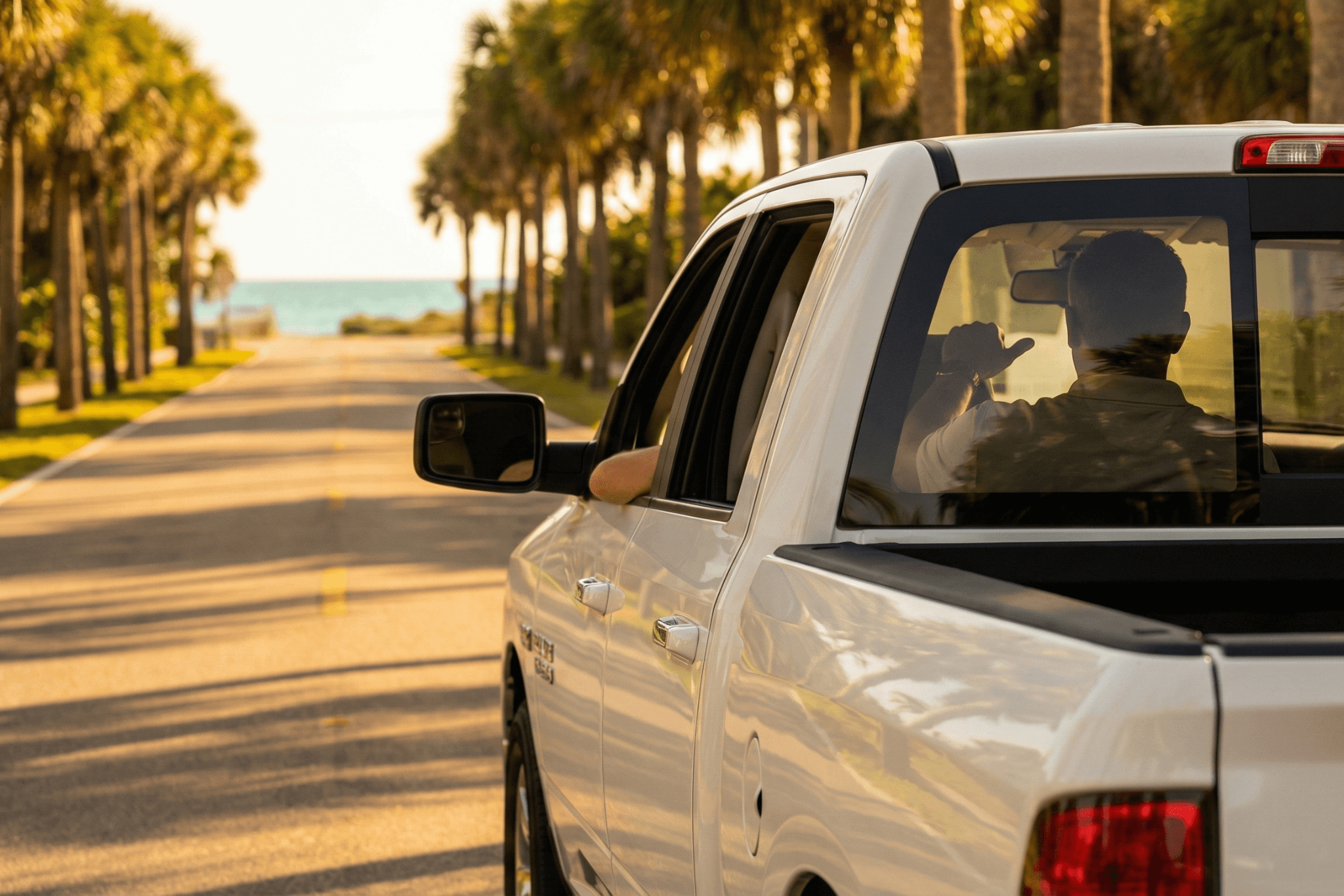 Work truck on a palm-lined Florida road