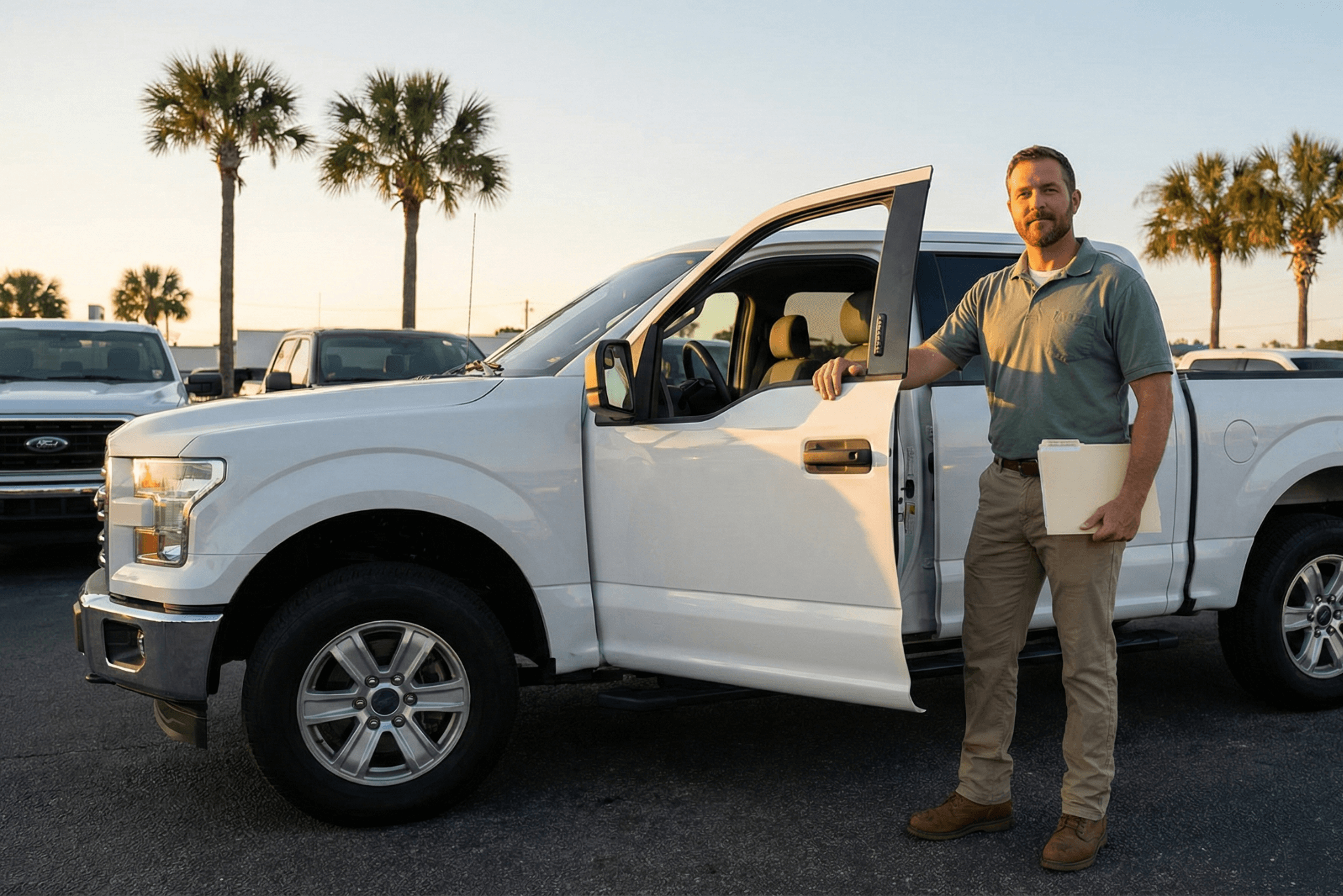 Business owner reviewing a Ford F-150 on the dealership lot