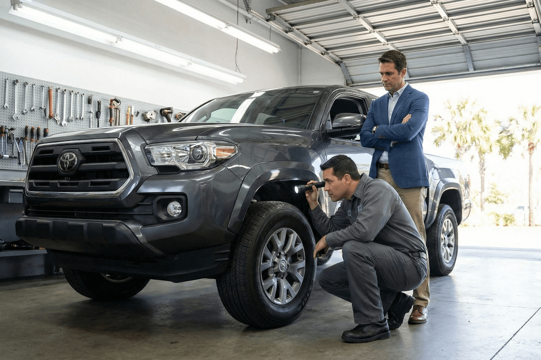 Mechanic inspecting a truck while buyer observes