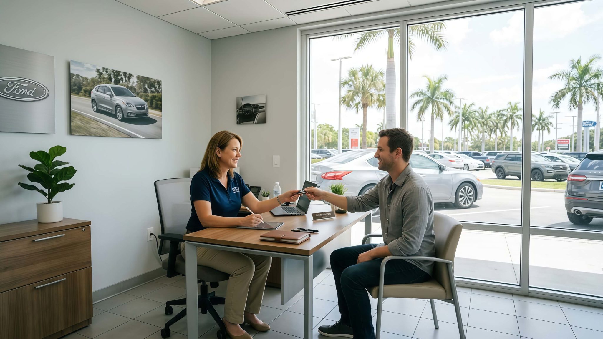 Buyer reviewing a used car with a sales professional at a Florida dealership