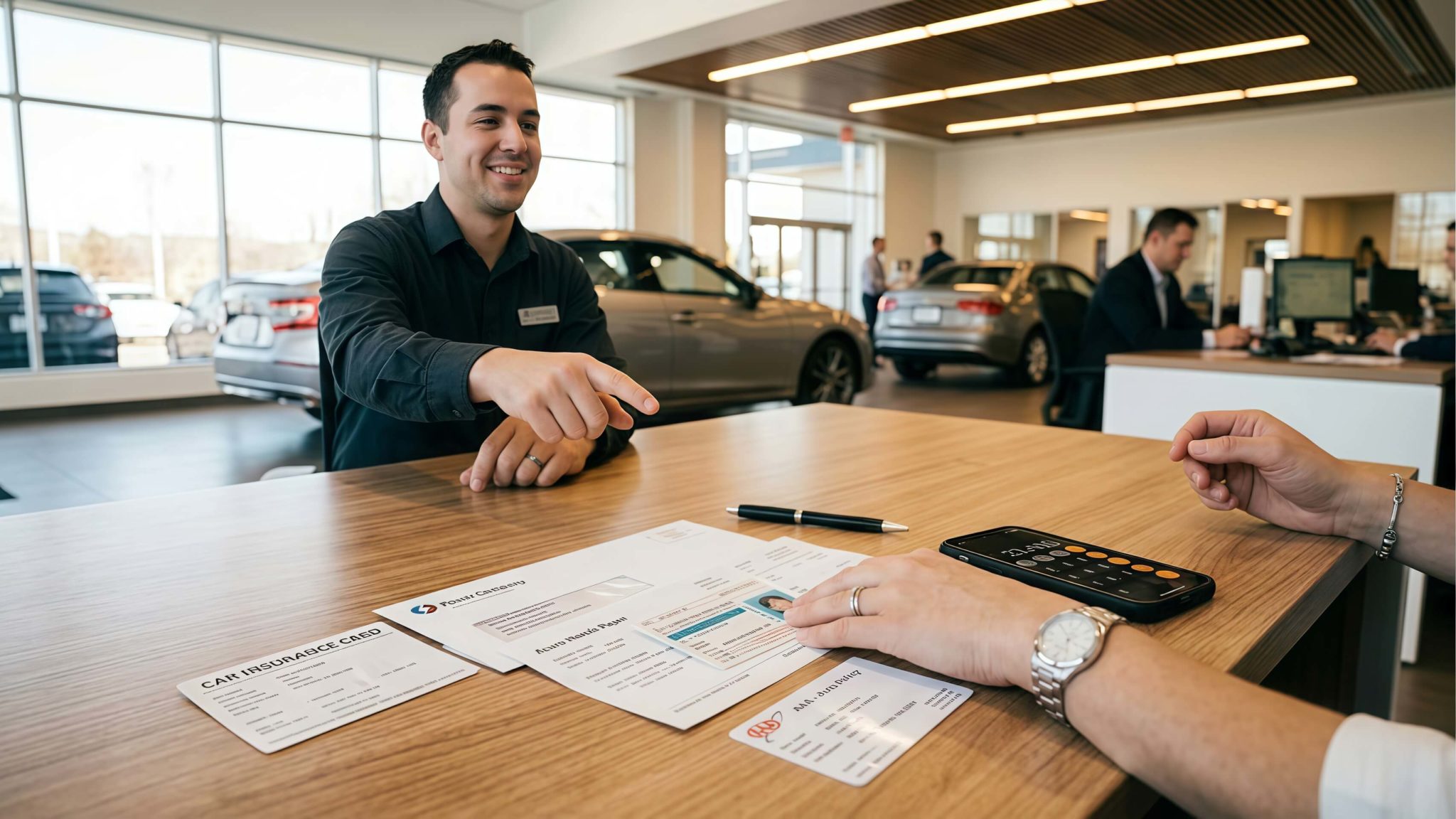 Buyer reviewing a used car loan application at a dealership