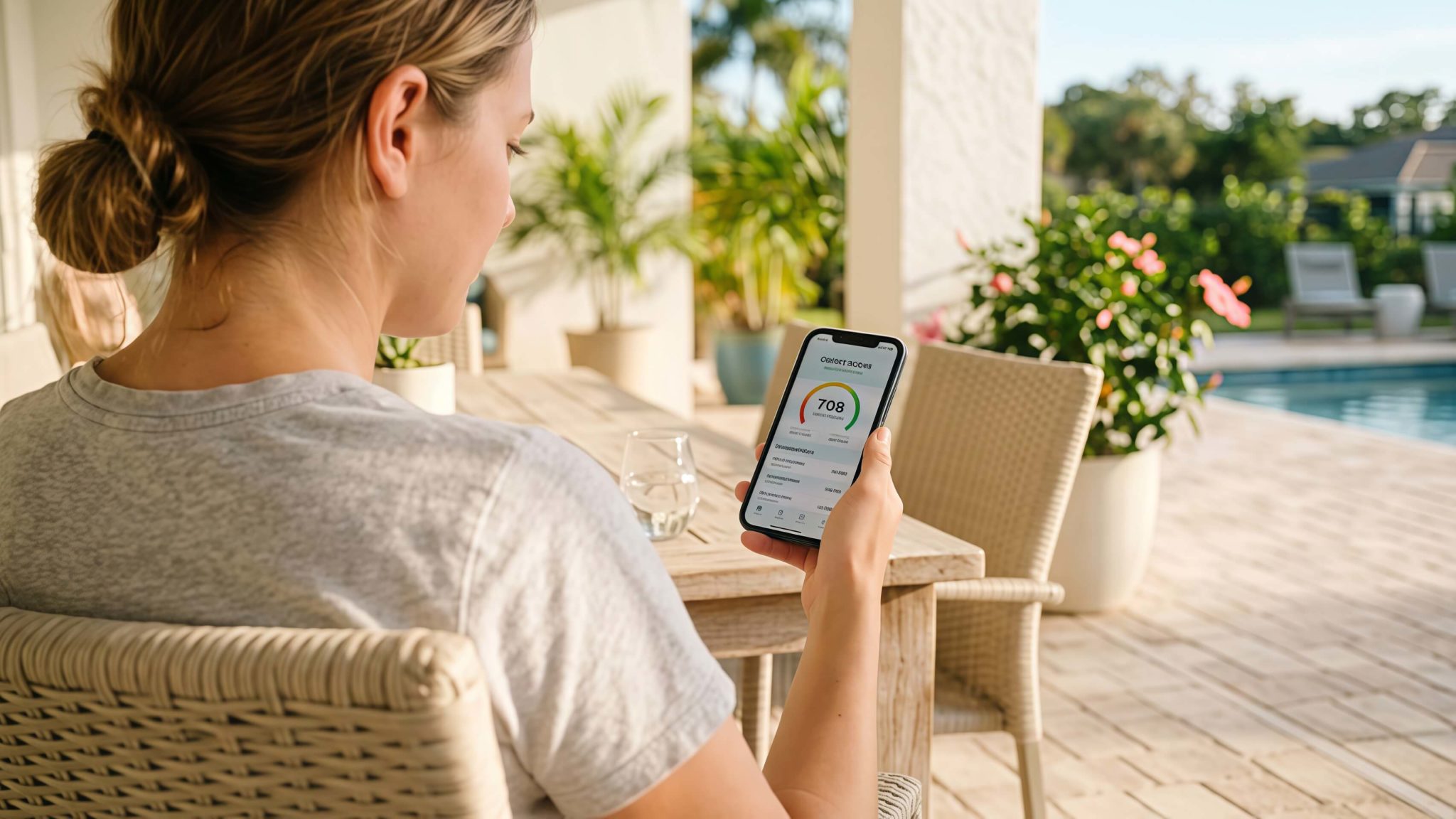 Woman reviewing her credit score and financing options before buying a used car in Florida