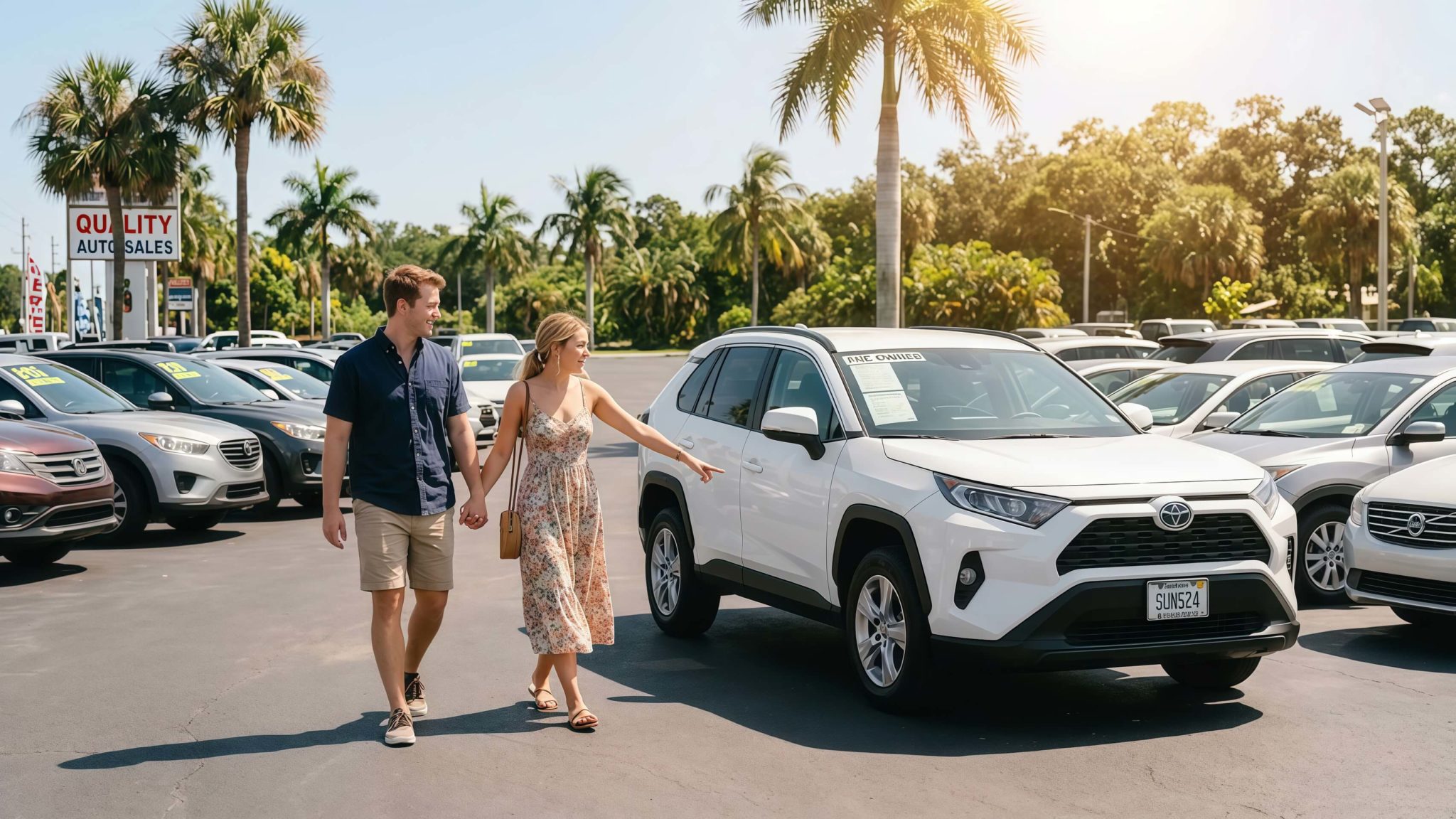Couple shopping for a used car at a dealership in Florida on a sunny day
