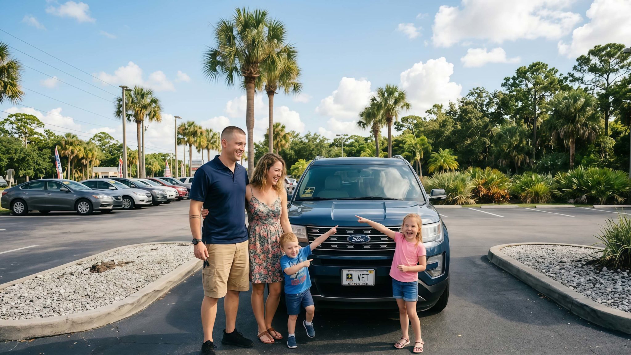 Happy family buying a used car at a dealership in Florida