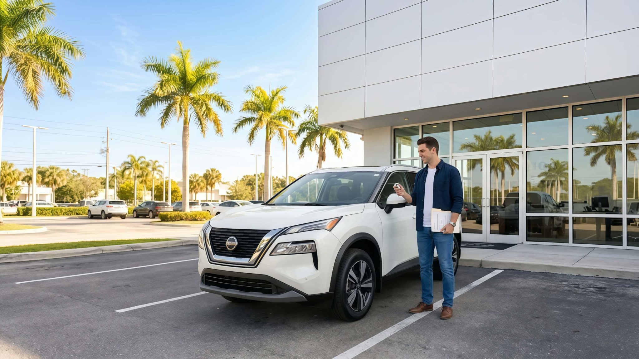 Happy new used car owner driving away from a dealership in Florida