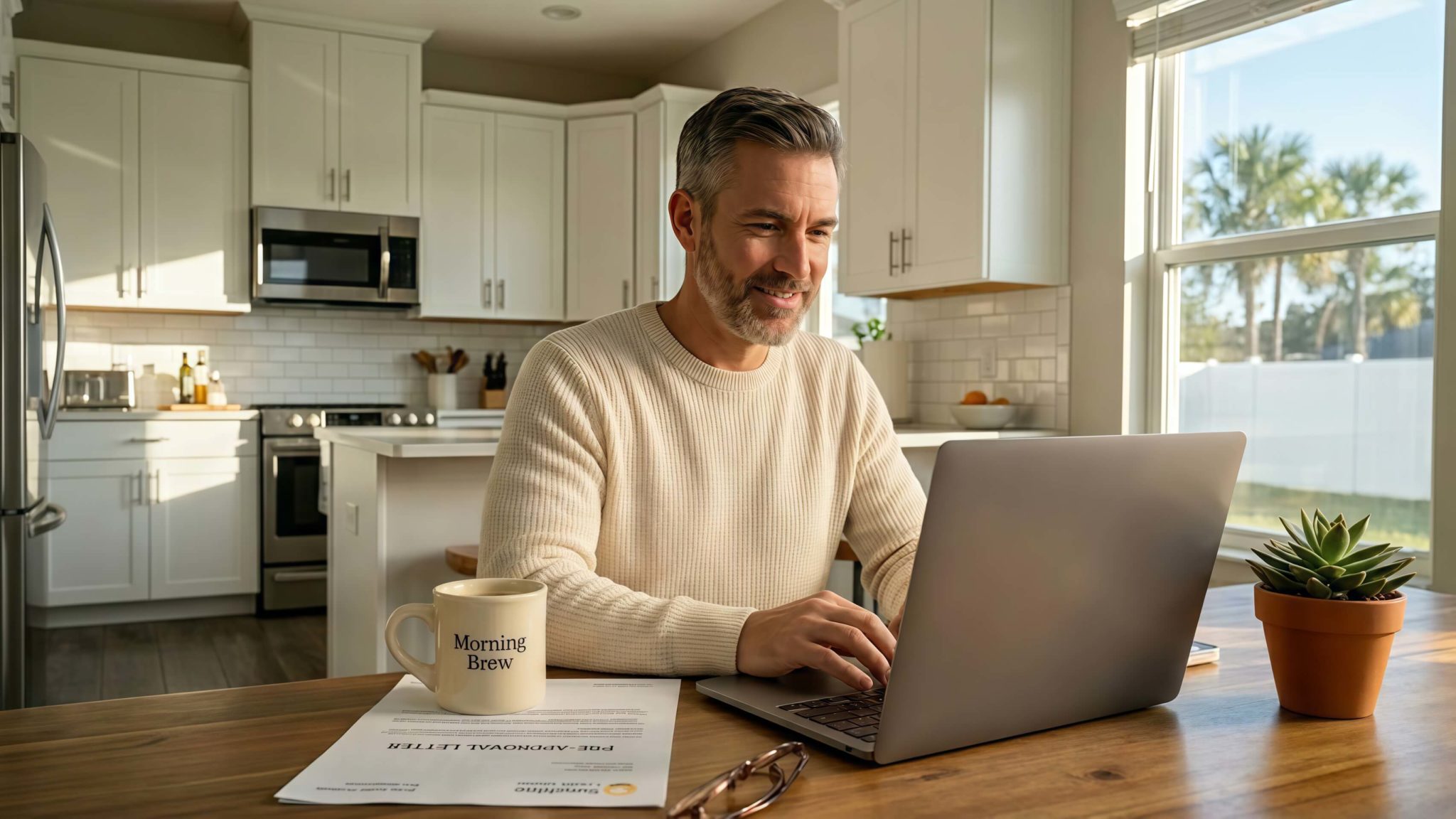 Man smiling while checking his credit score before applying for a used car loan