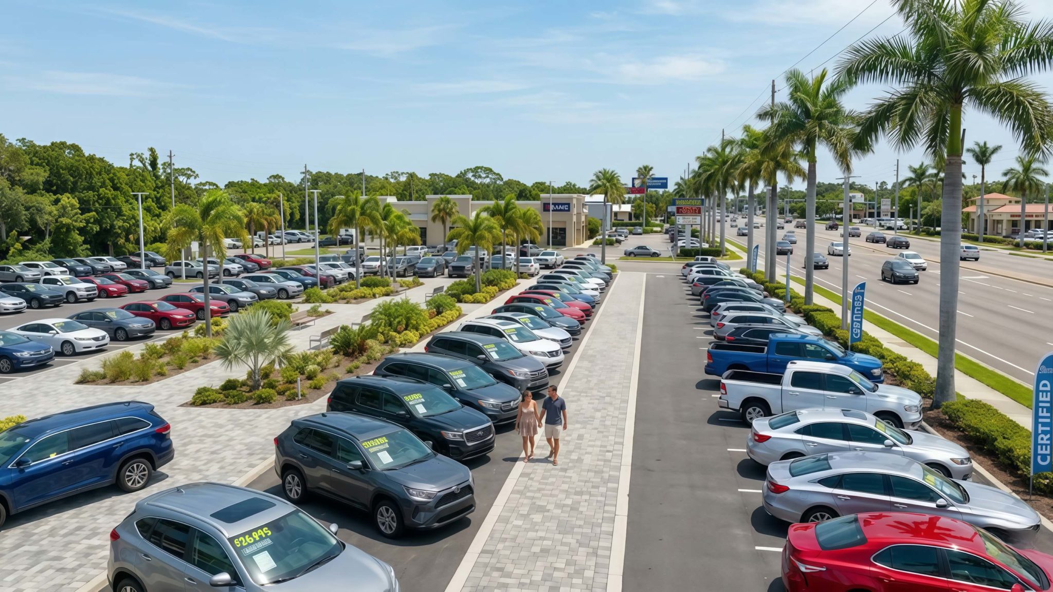 Used car dealership in Fort Walton Beach, Florida with pre-owned cars, trucks, and SUVs on a sunny day