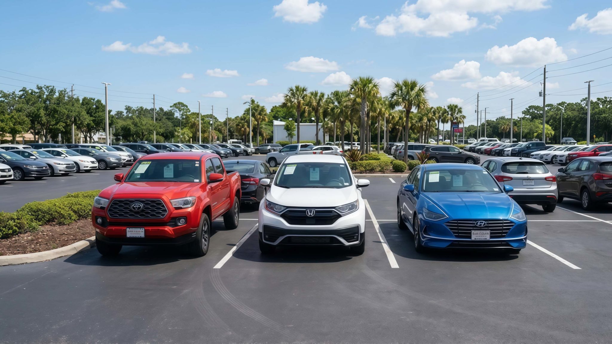Pre-owned cars, trucks, and SUVs lined up at a used car dealership in Florida
