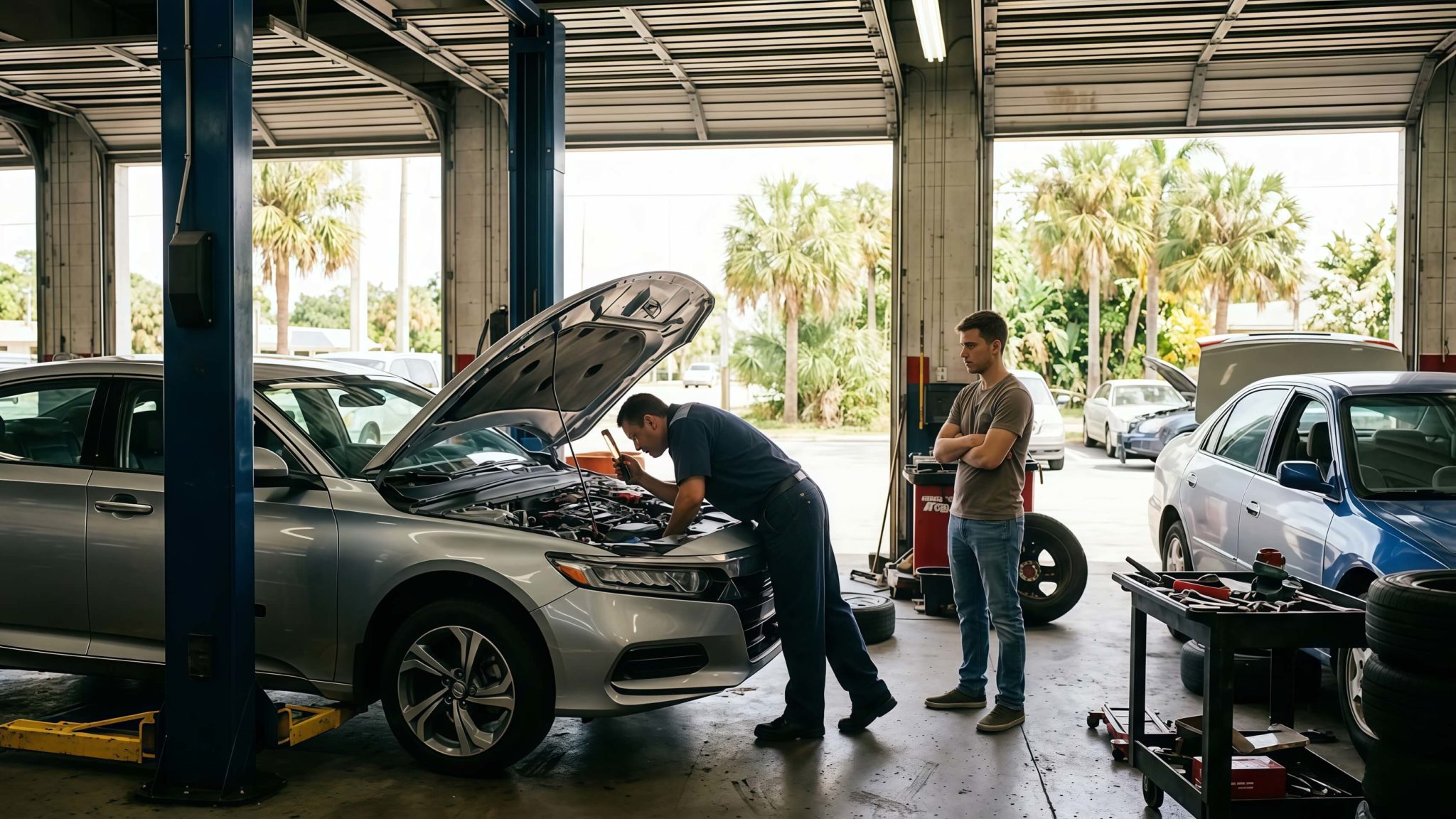 Mechanic performing a pre-purchase inspection on a used car in Florida