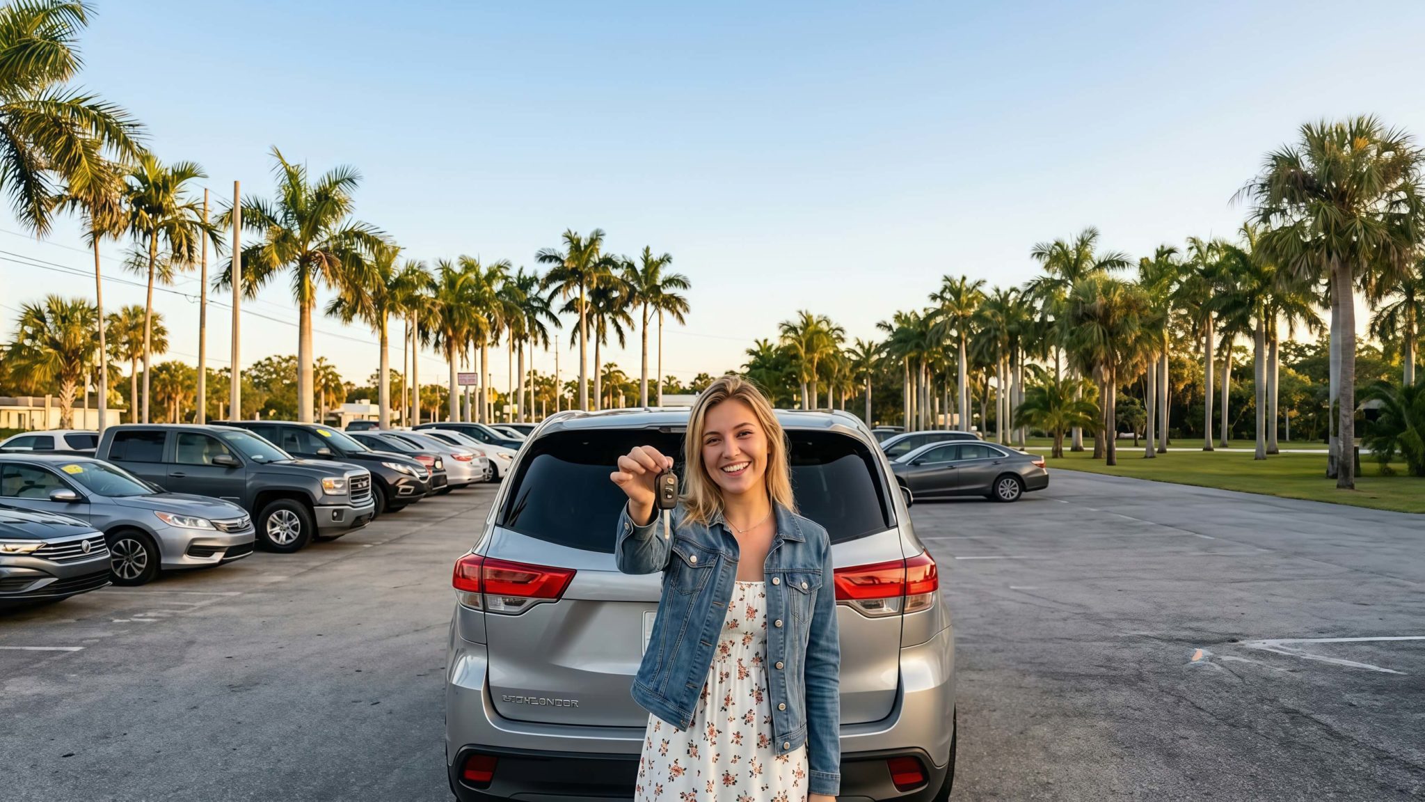 Young first-time car buyers reviewing options at a used car dealership in Florida
