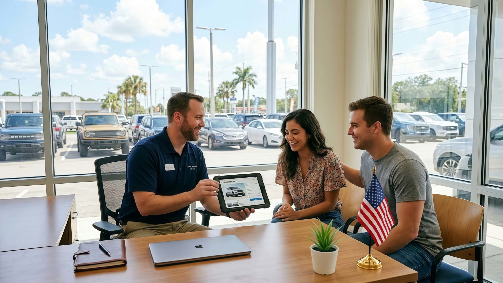 Young couple negotiating the price of a used car at a Florida dealership