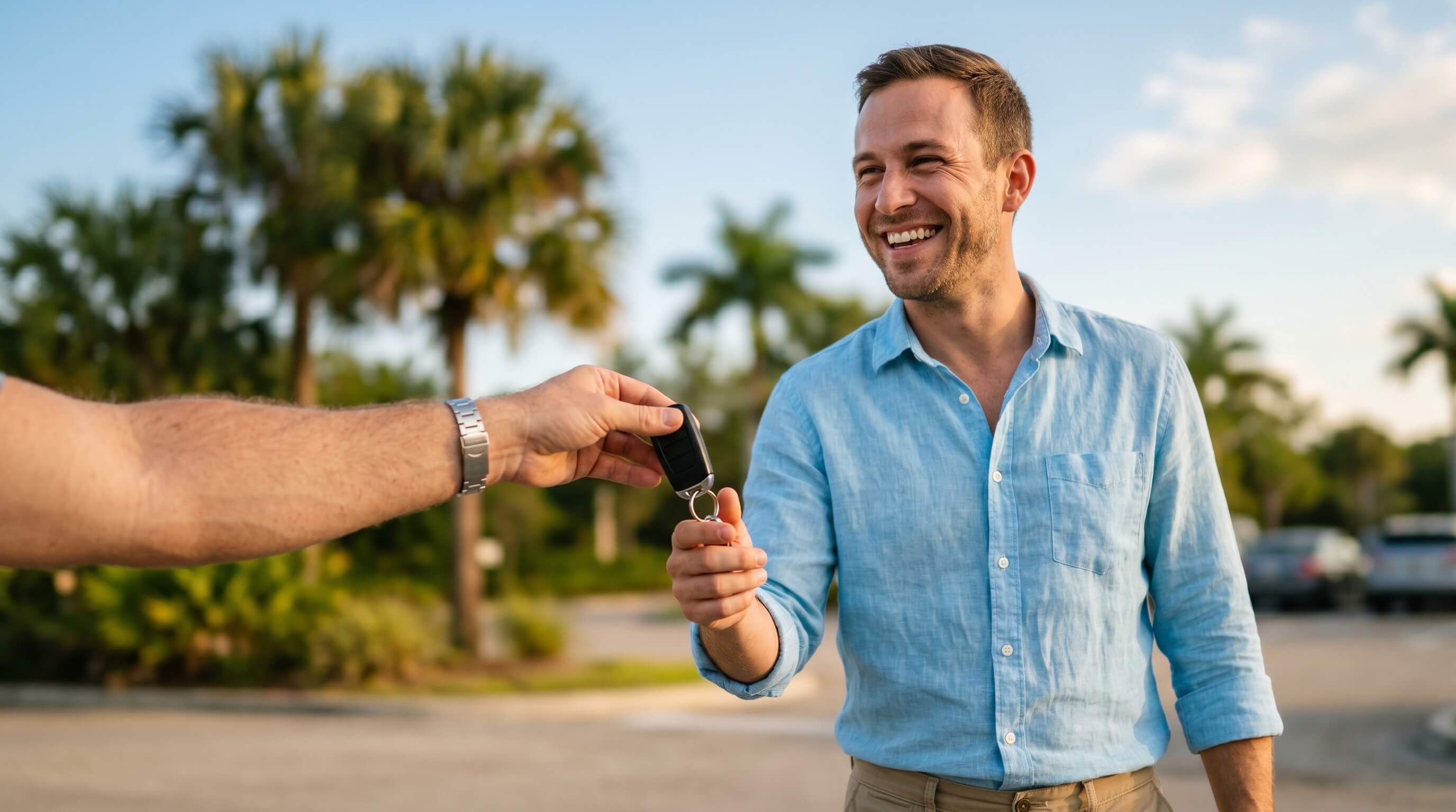 Confident buyer receiving car keys after a transparent used car purchase in Florida