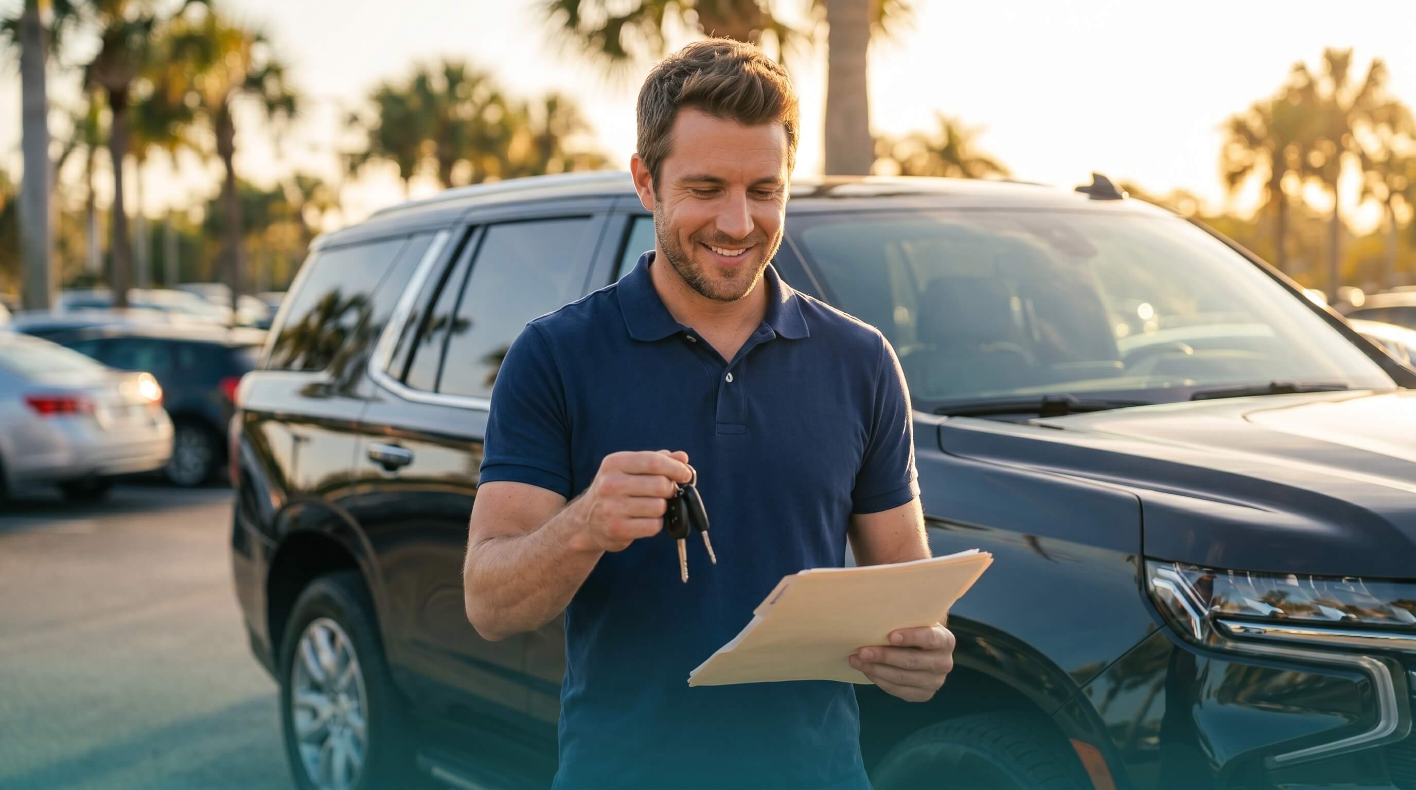 Confident military buyer holding car keys after a transparent used car purchase in Florida