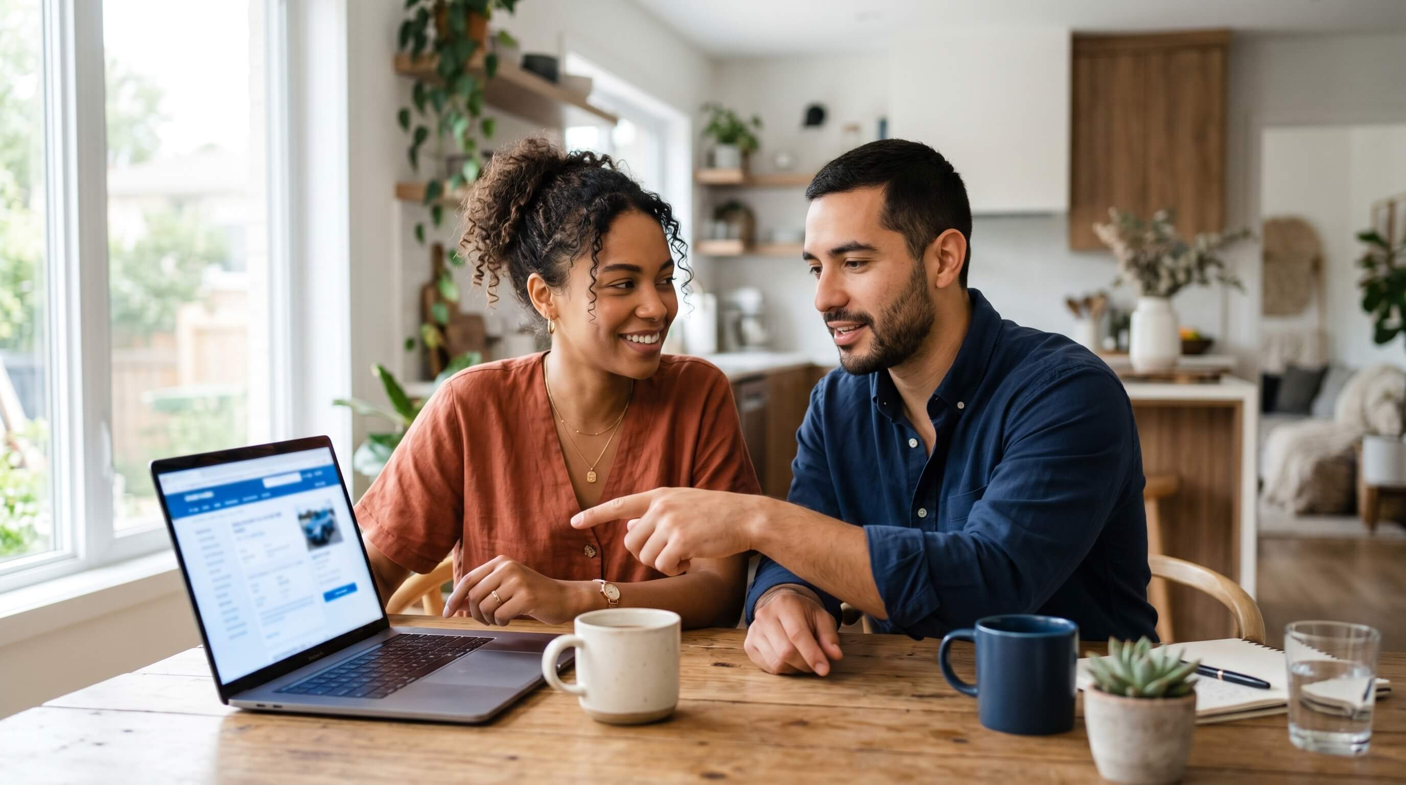 Couple comparing free and paid vehicle history reports on a laptop before visiting a dealership