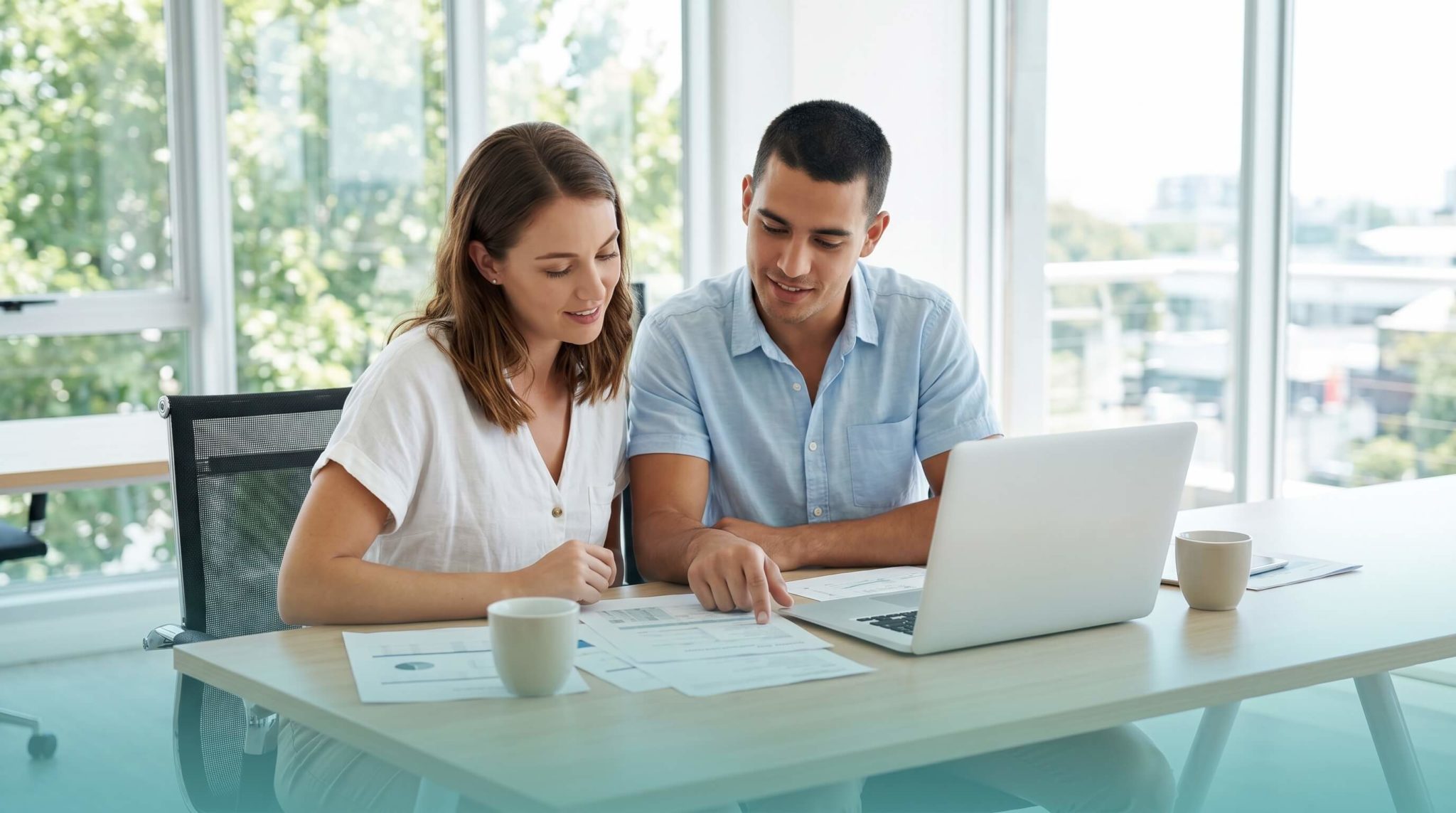 Military couple reviewing vehicle registration paperwork at a Florida dealership