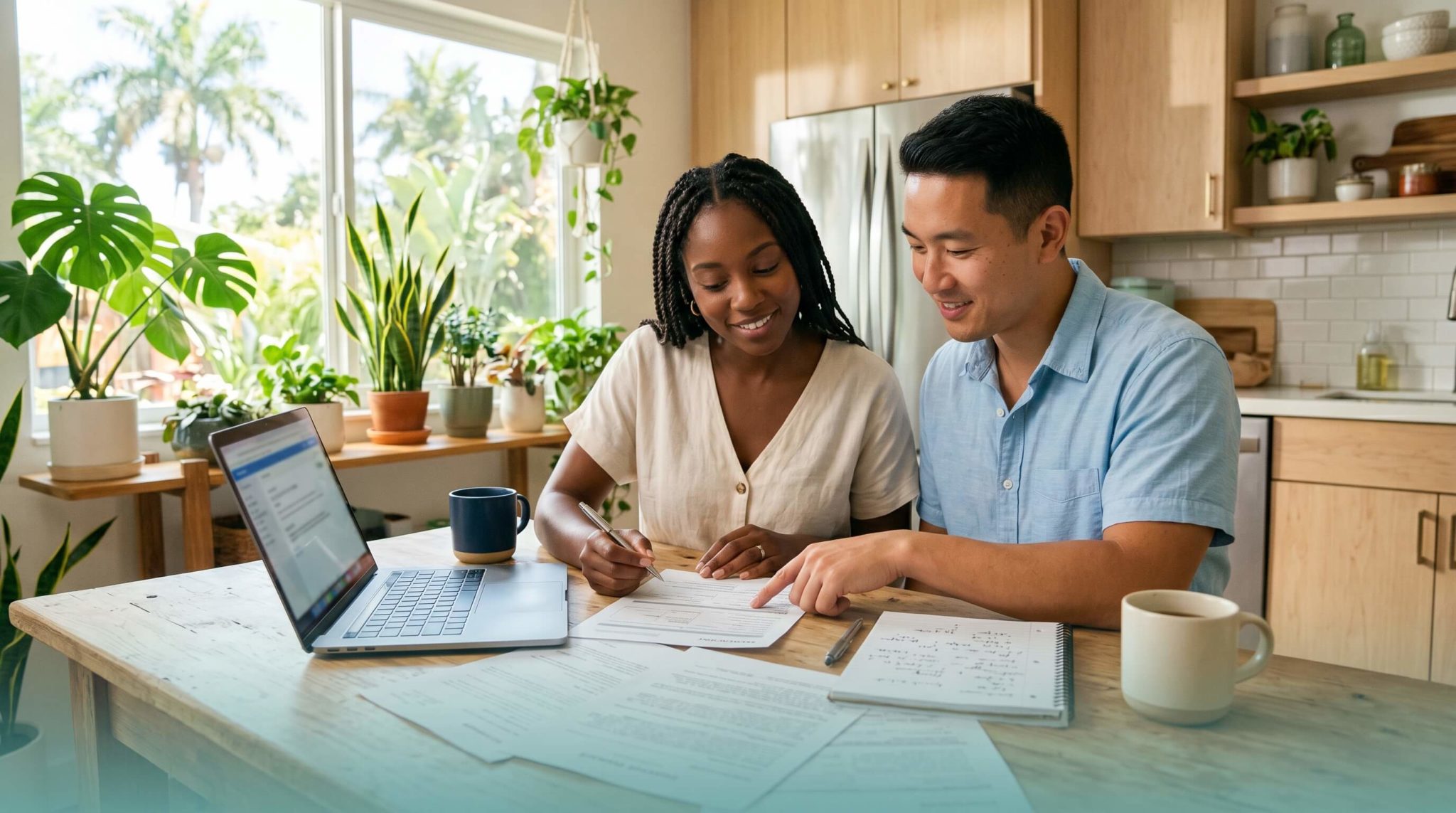 Couple reviewing their credit score and finances before buying a used car
