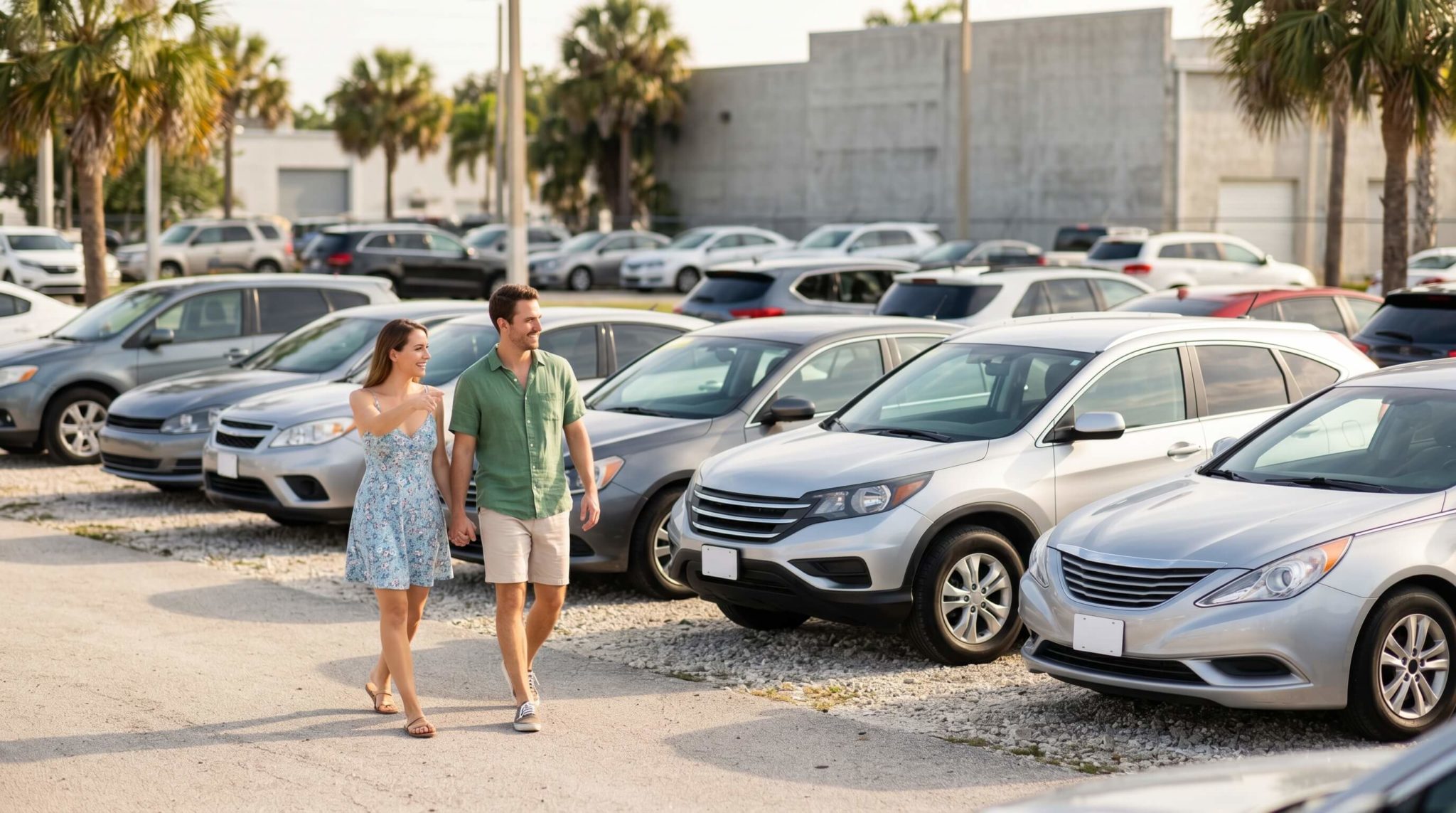 Couple walking through a used car dealership lot in Fort Walton Beach, Florida