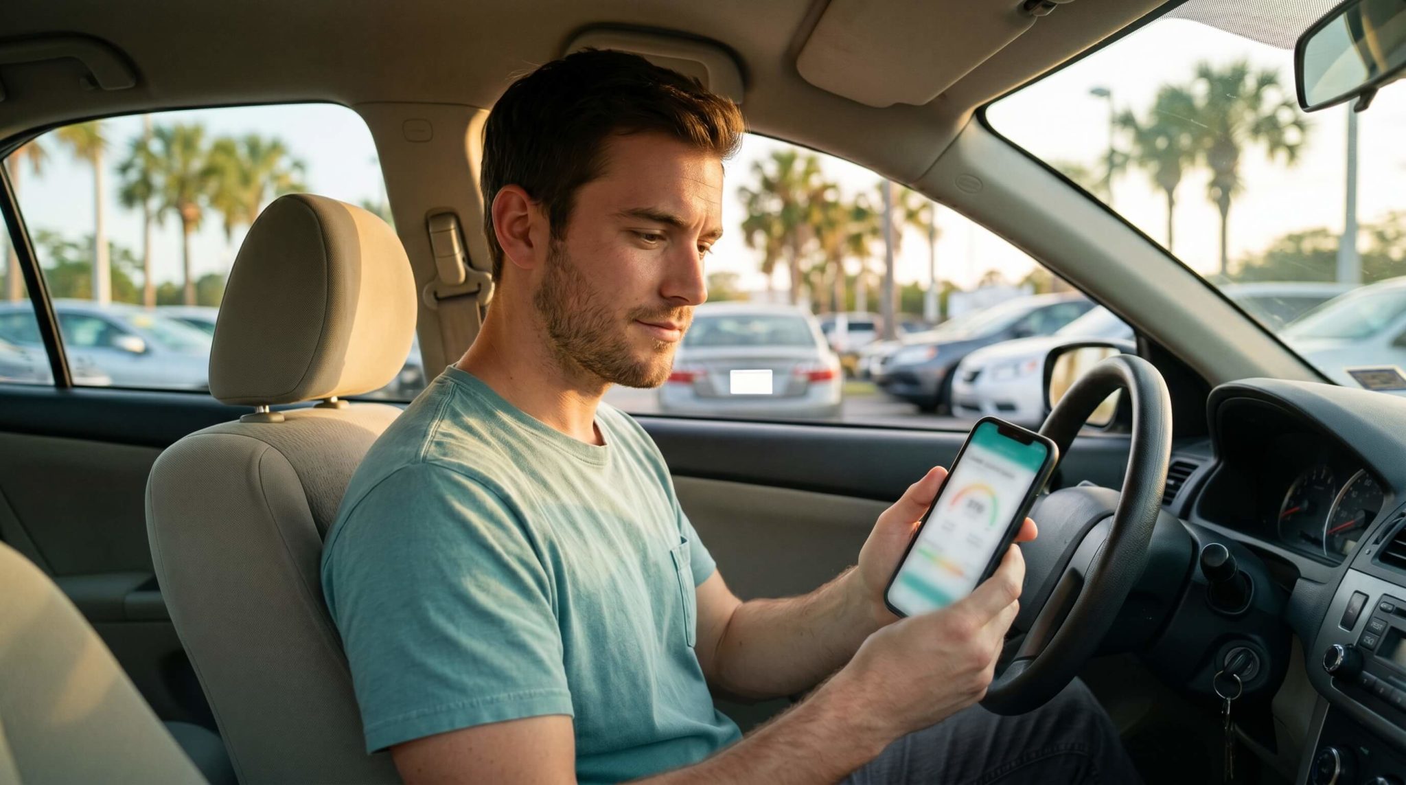 Used car buyer checking their credit score on a phone before visiting a dealership in Florida