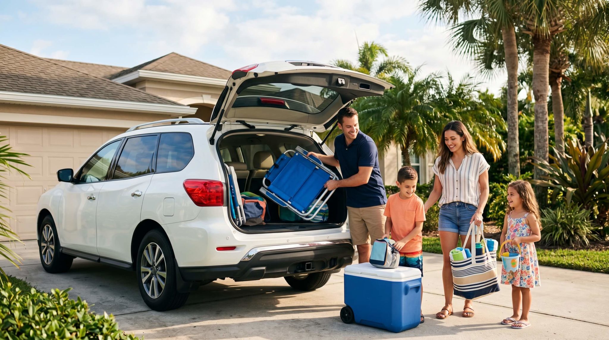 Florida family loading gear into a used SUV for a weekend beach trip on the Emerald Coast