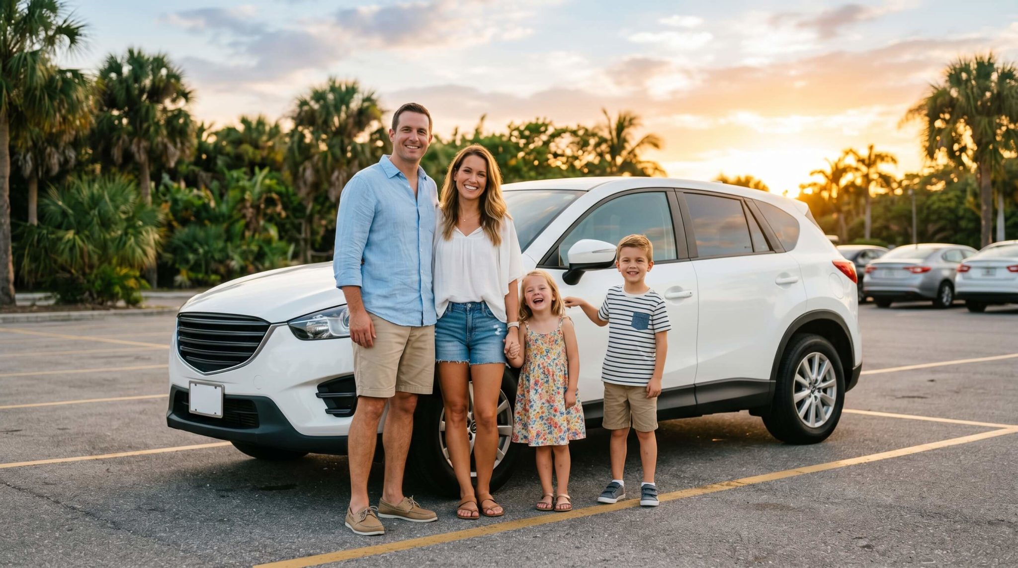 Happy family with their new used car on the Emerald Coast in Florida