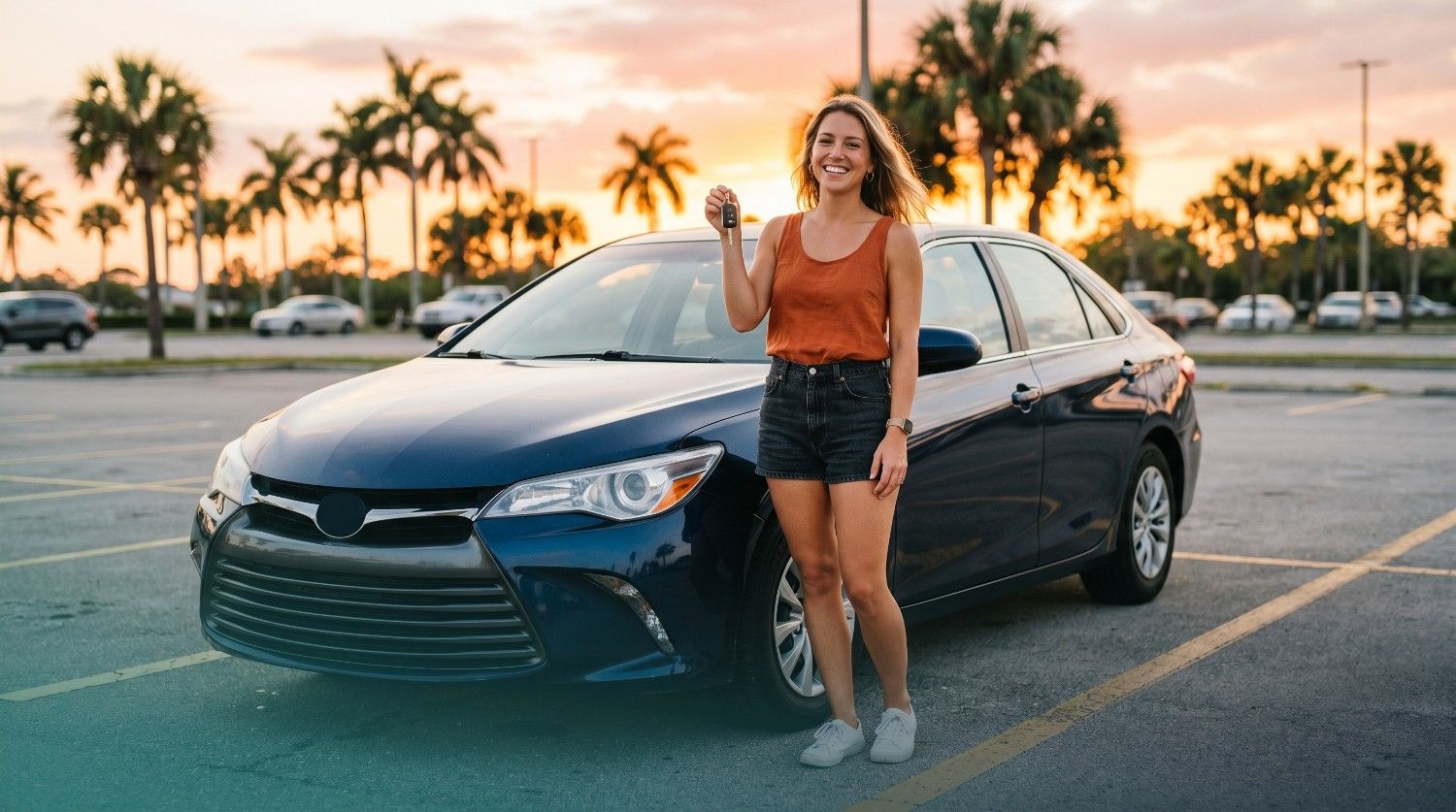 Happy used car buyer holding keys at sunset in Fort Walton Beach, Florida