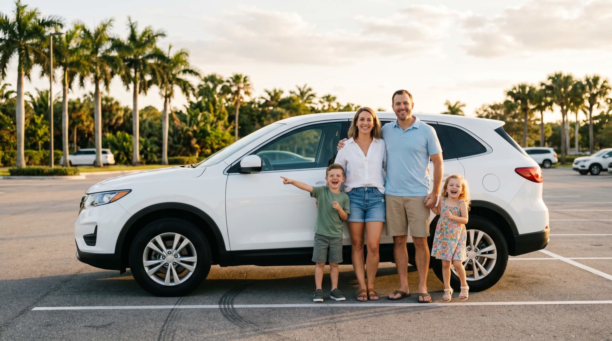 Happy family standing next to their new used SUV at a Florida dealership