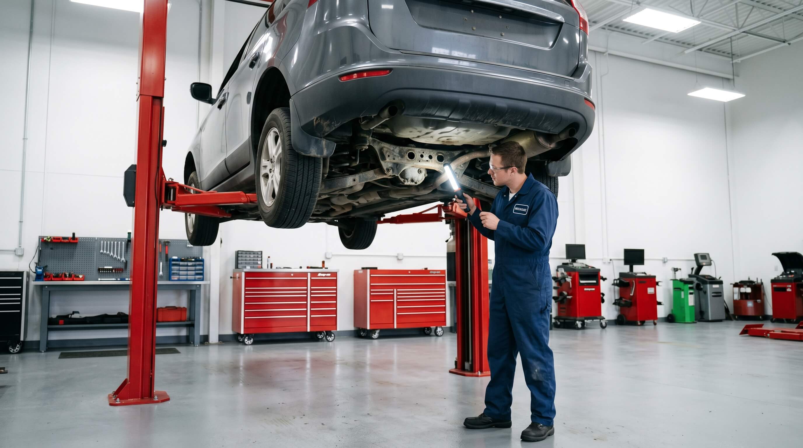 Mechanic inspecting a used SUV's undercarriage on a lift for salt-air corrosion