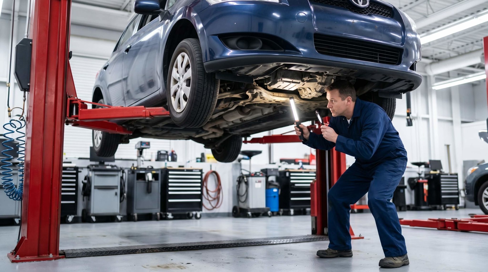 Mechanic inspecting a used car's undercarriage on a lift for salt-air corrosion in Florida