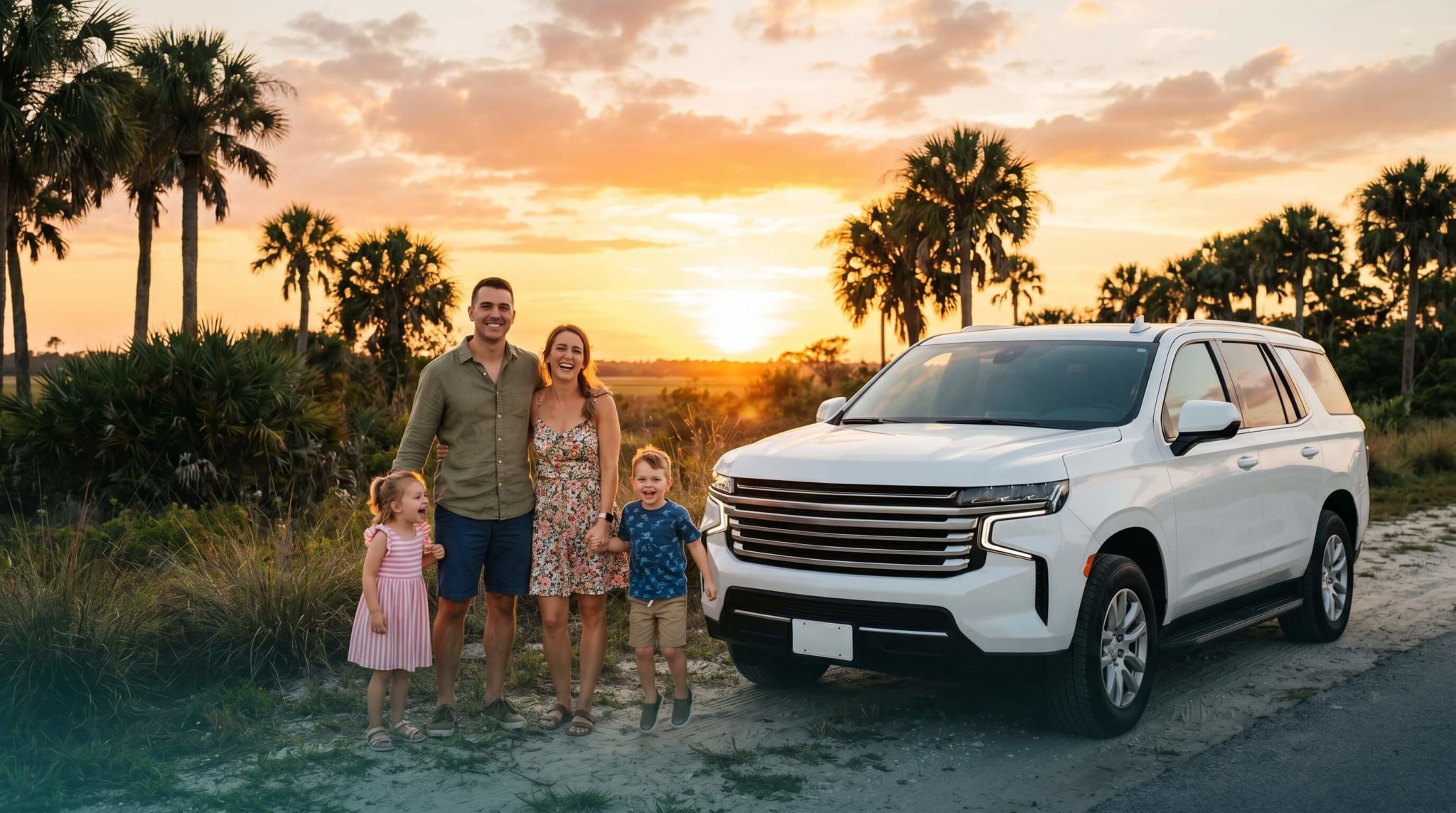 Military family standing with their new used car at sunset in Fort Walton Beach, Florida