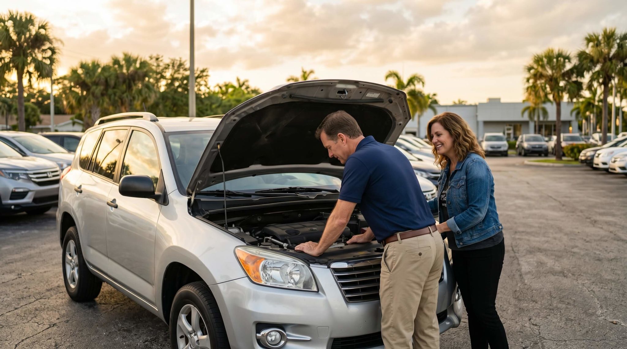 Buyer inspecting under the hood of a used car at a Florida dealership