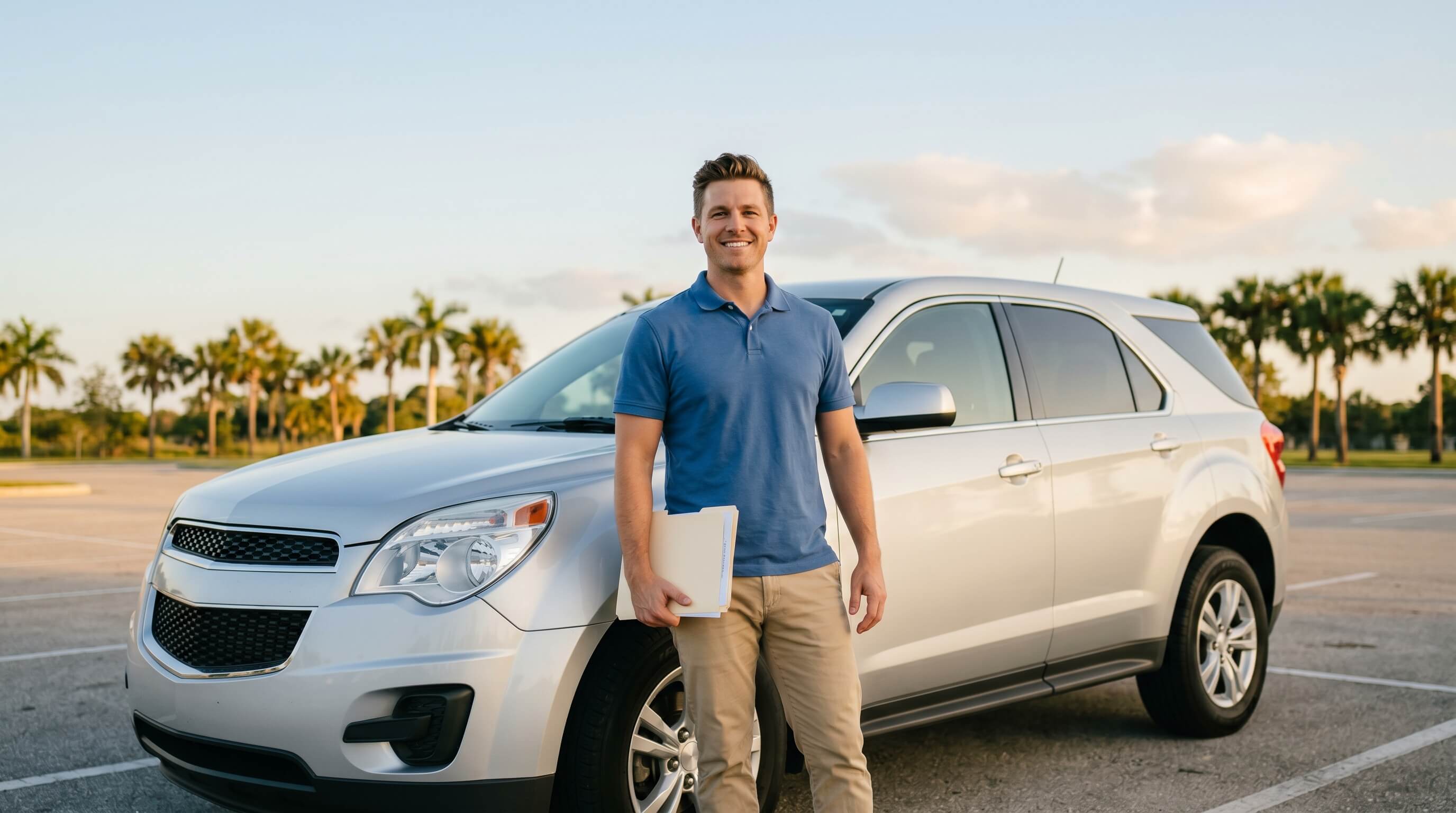 Confident used car buyer holding paperwork after completing a vehicle history check in Florida
