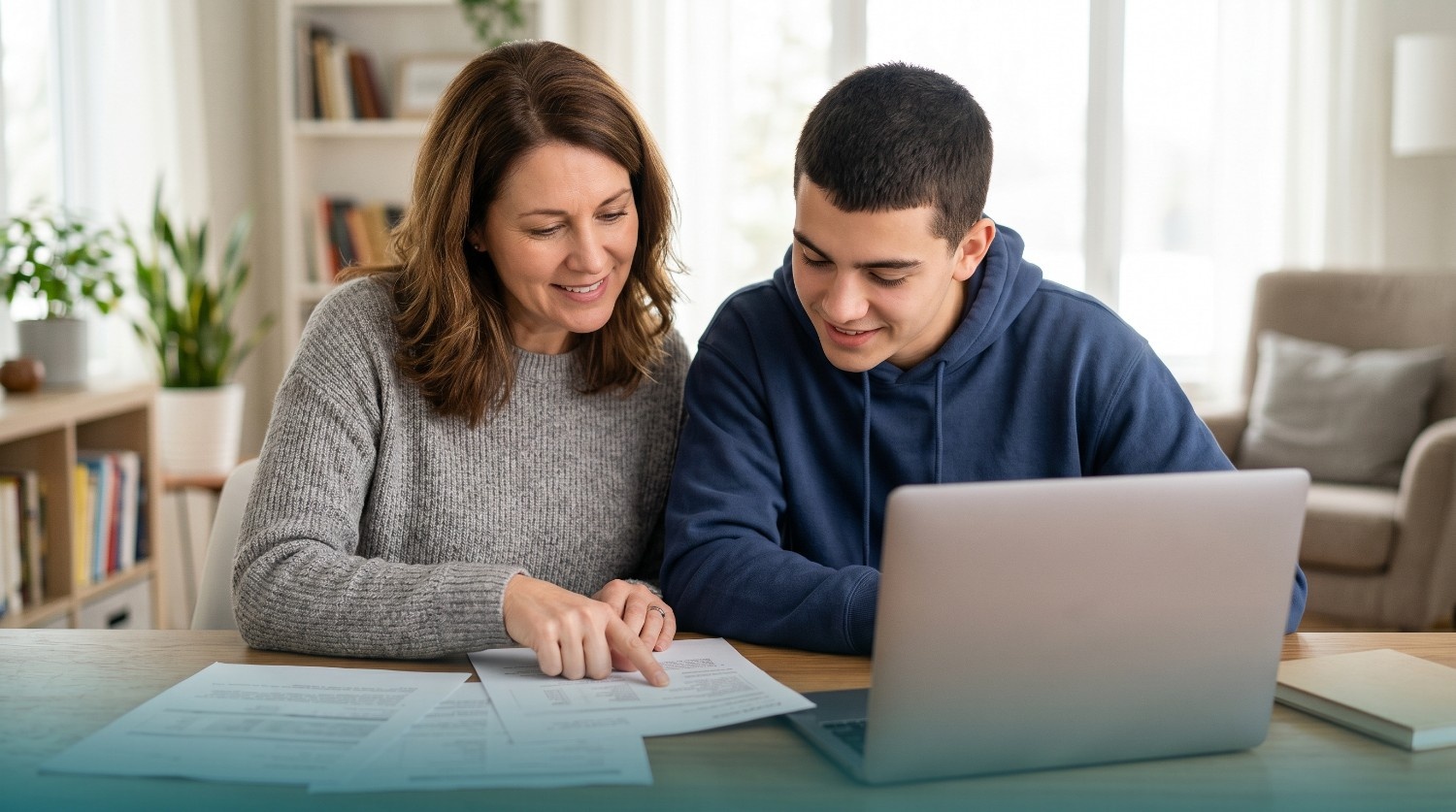 Parent helping their college student review financing options for a used car in Florida