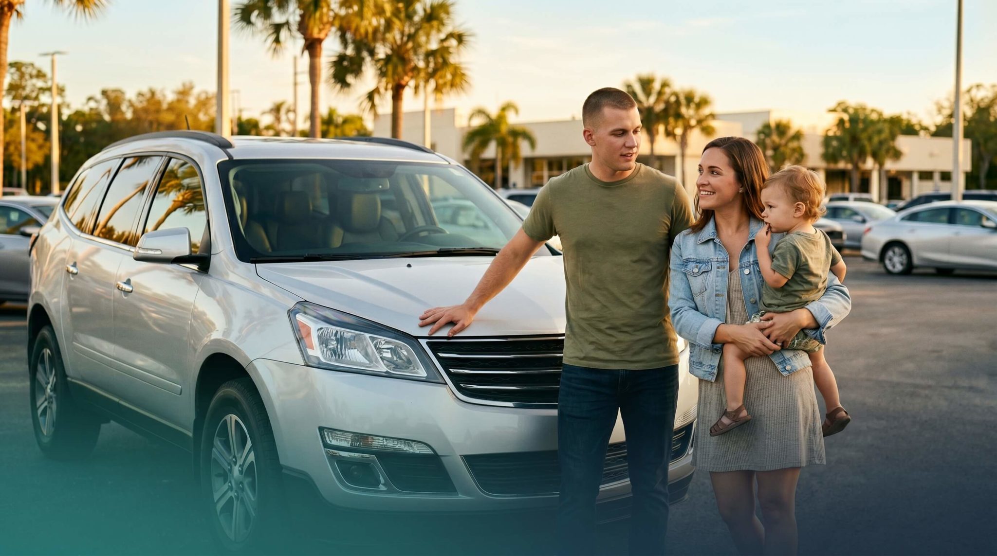 Military family smiling after buying a used car in Fort Walton Beach, Florida