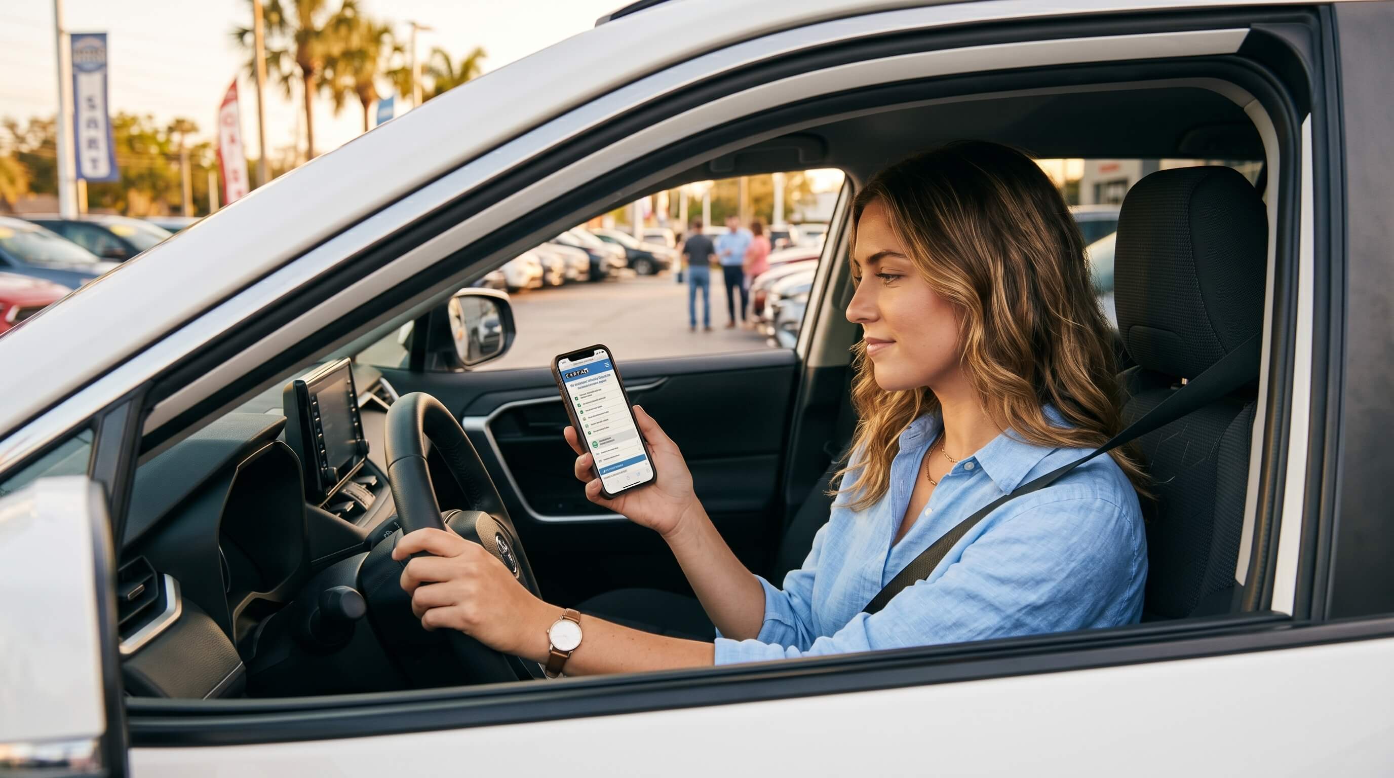 Woman reviewing a vehicle history report on her phone before buying a used car
