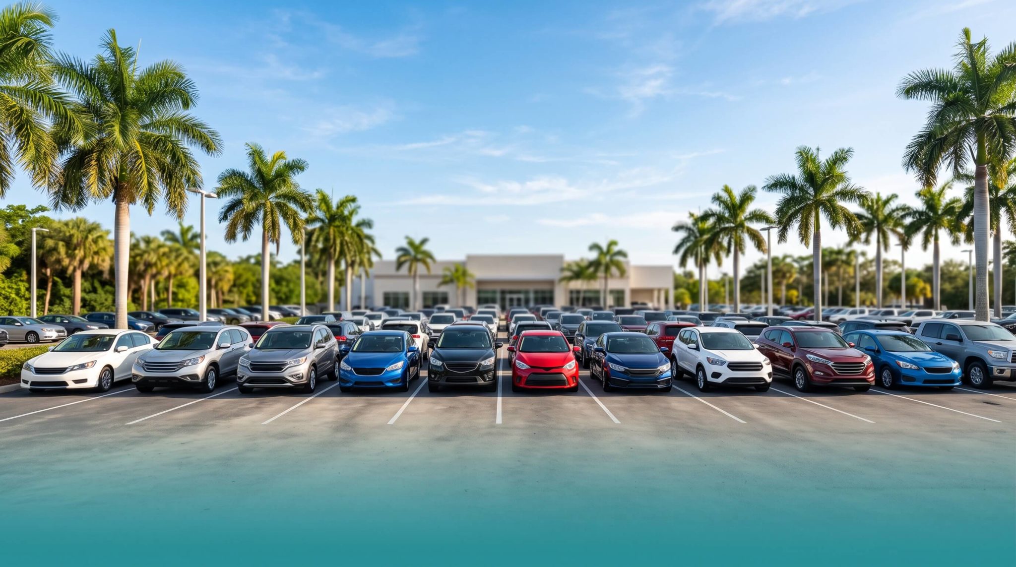 Row of used cars for sale on a clean Florida dealership lot in Fort Walton Beach