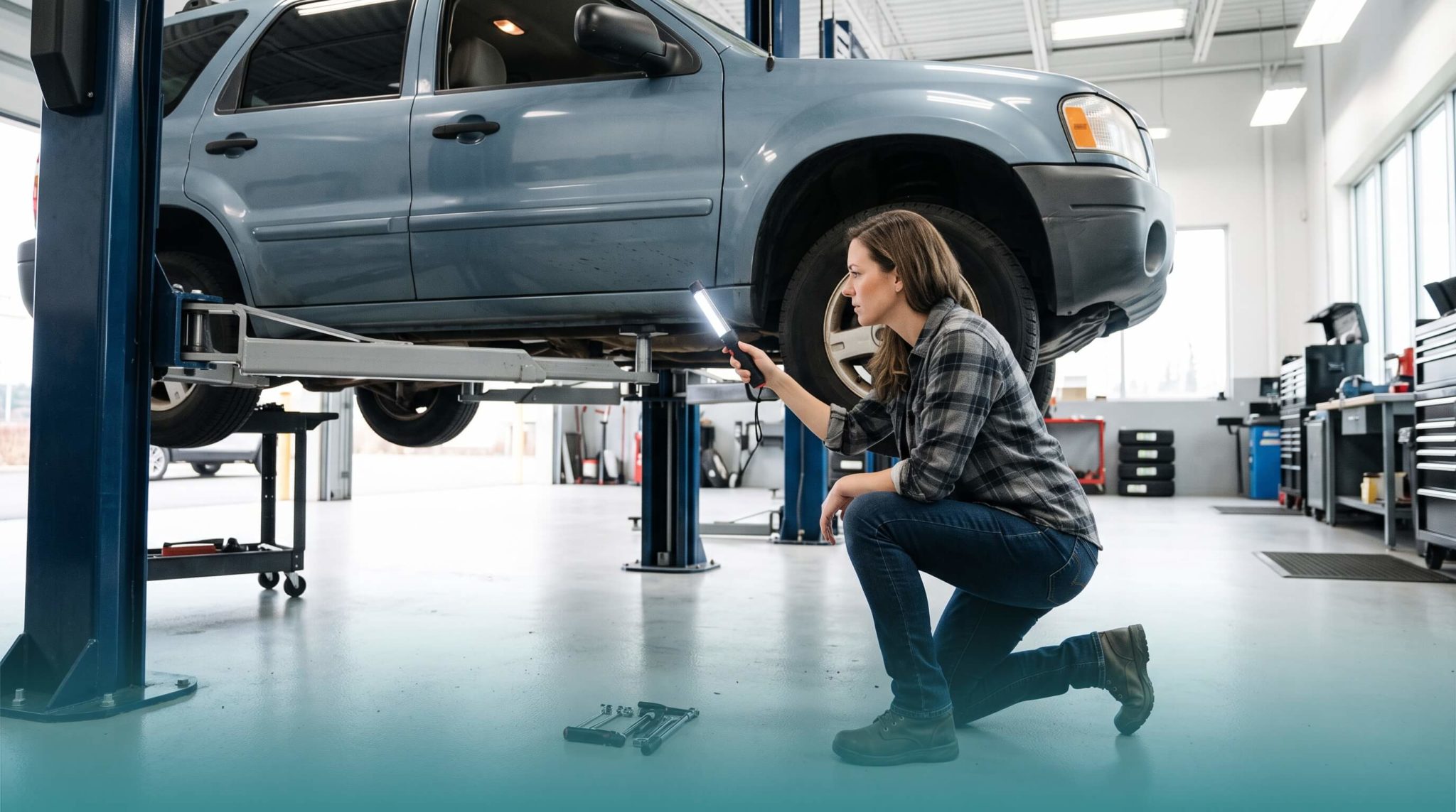Buyer inspecting the undercarriage of a used car on a lift