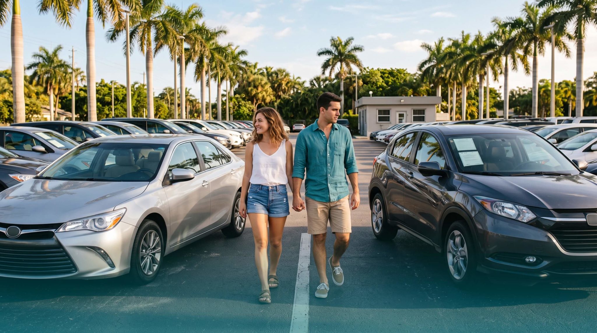 Couple comparing different brands of used cars at a Fort Walton Beach dealership