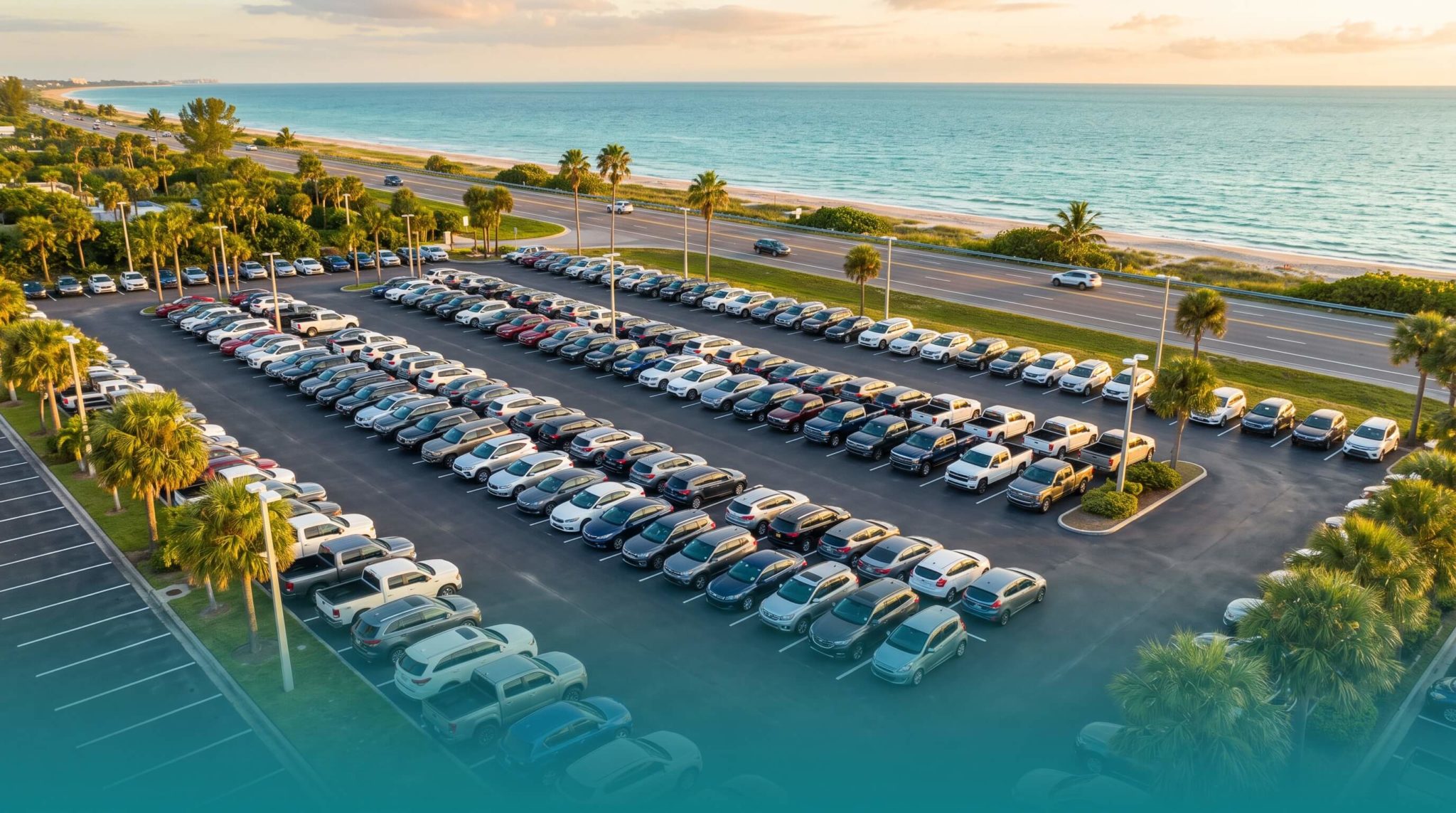 Used cars for sale on a coastal lot in Fort Walton Beach, Florida