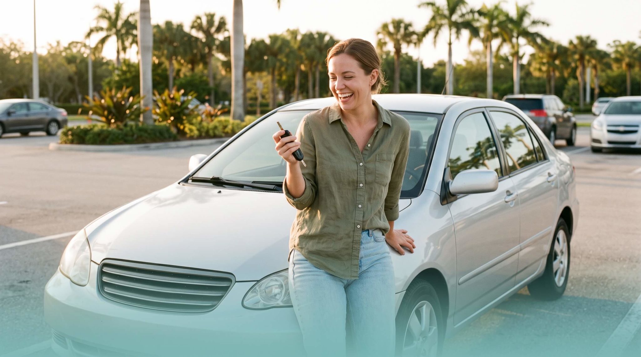 Happy buyer holding keys after purchasing a used car in Fort Walton Beach