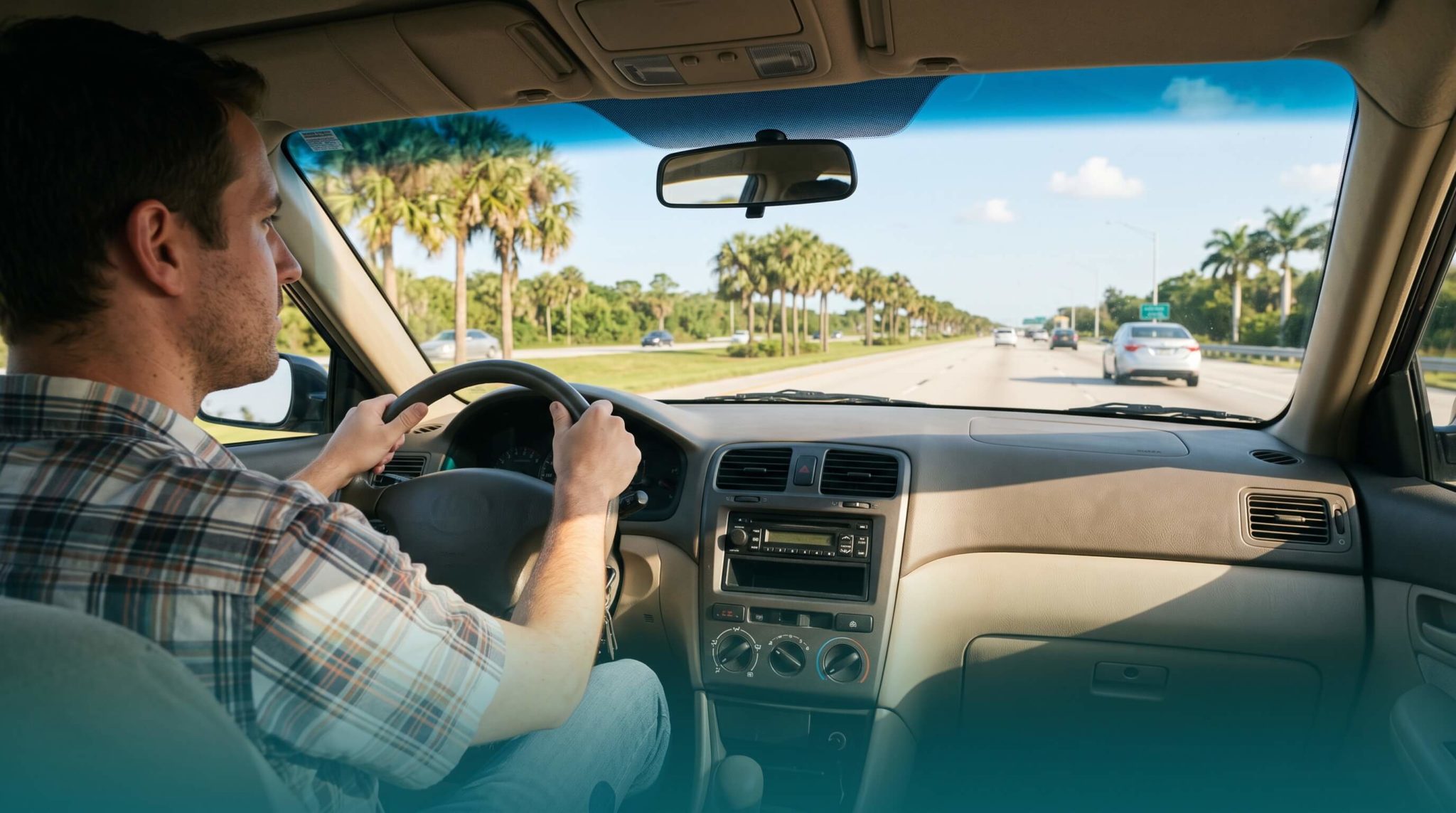 Driver road-testing a used car on Highway 98 in Fort Walton Beach, Florida