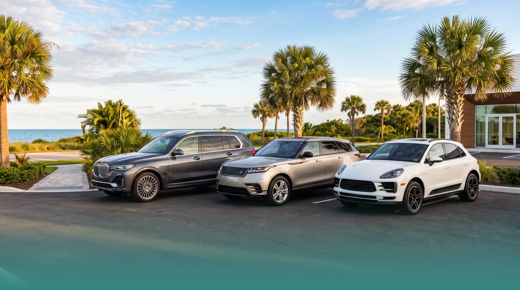Pre-owned luxury SUVs lined up at a Florida dealership near the coast
