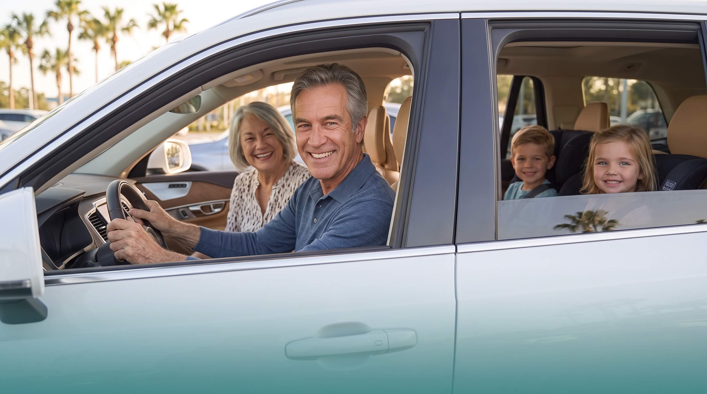 Grandparents in the front seats with grandchildren in the back of a luxury SUV