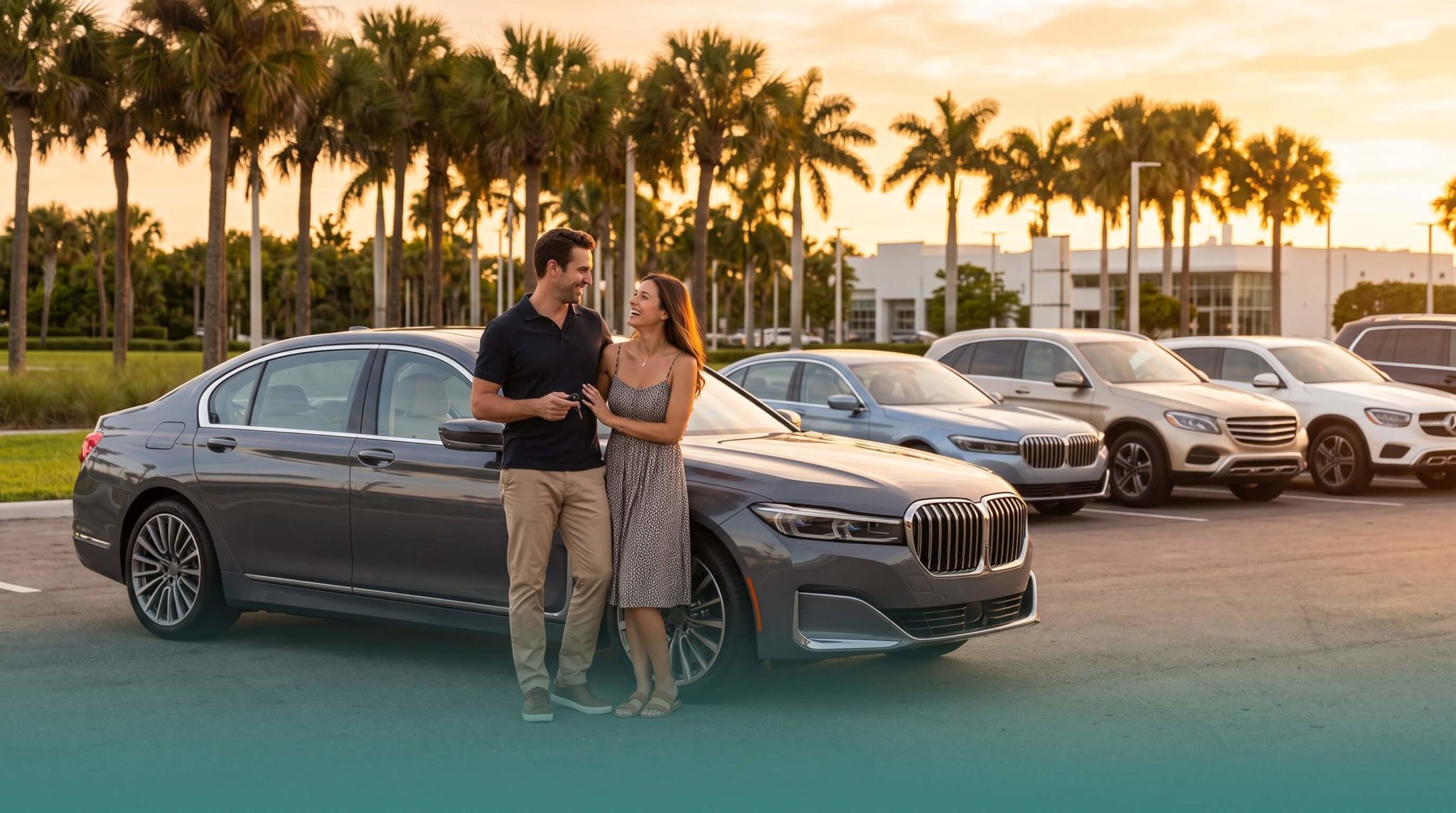 Couple with their pre-owned luxury sedan at sunset in Florida