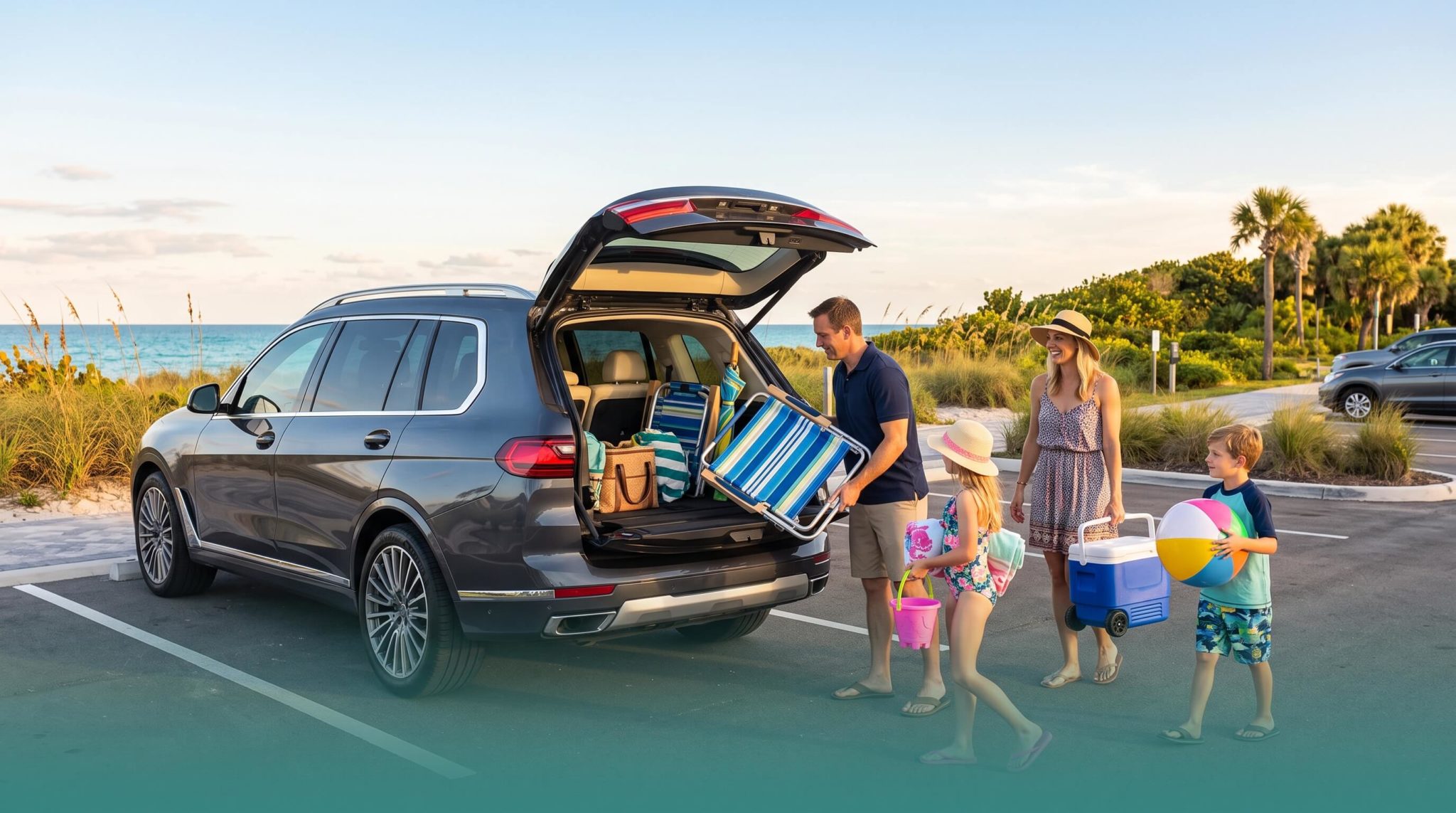Family loading beach gear into a pre-owned luxury SUV in Florida