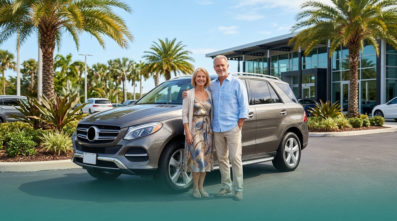 Senior couple with their used luxury car at a Florida dealership