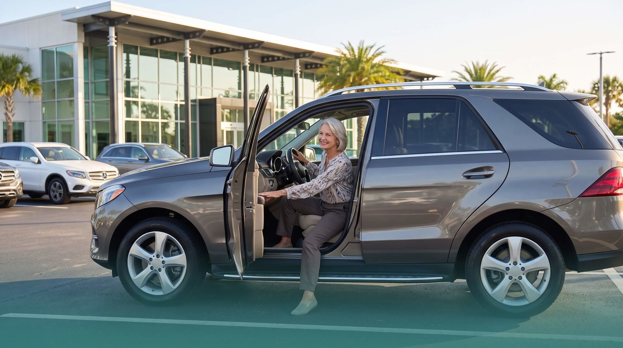 Senior driver comfortably entering a mid-size luxury SUV