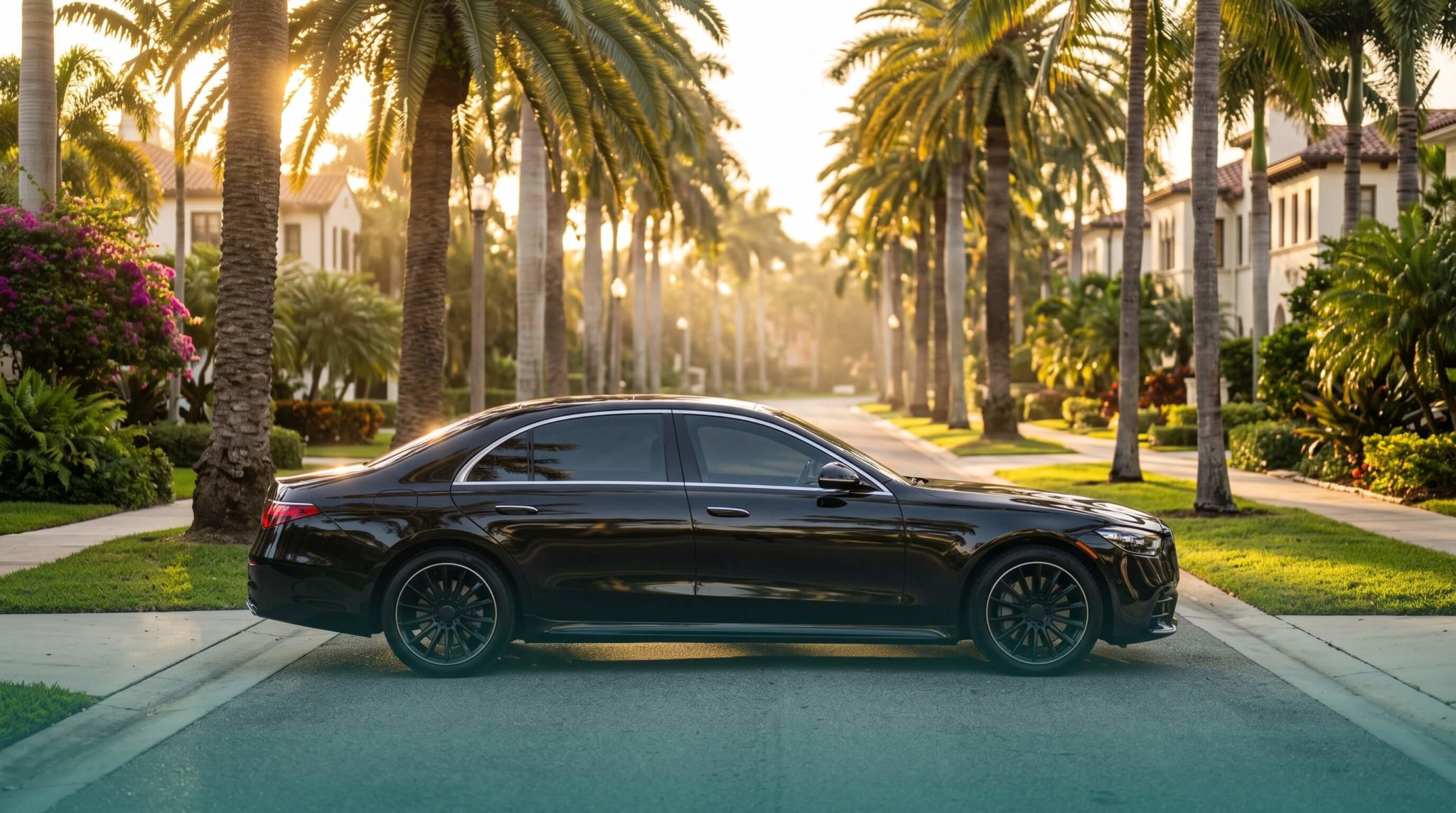 Used luxury sedan parked along a palm-lined Florida street