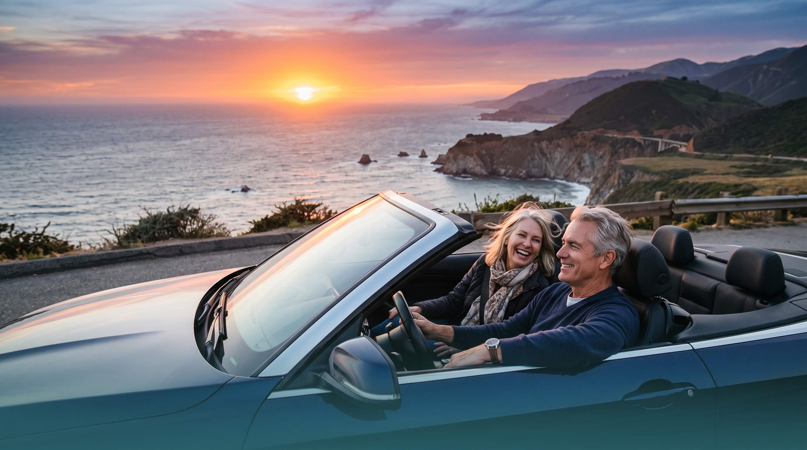 Couple enjoying a convertible drive at sunset on the Florida coast