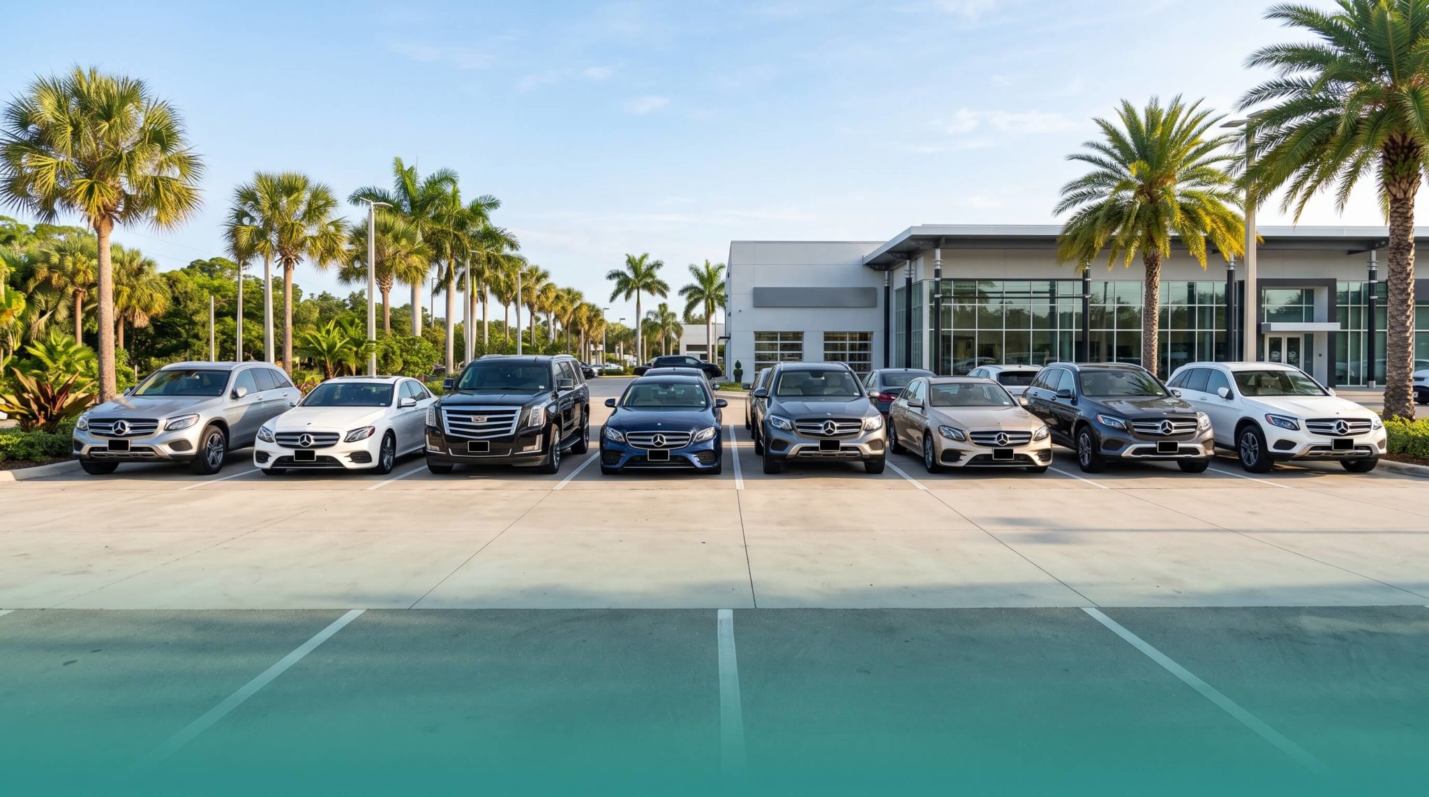 Used Mercedes-Benz vehicles on a dealership lot in Fort Walton Beach, Florida